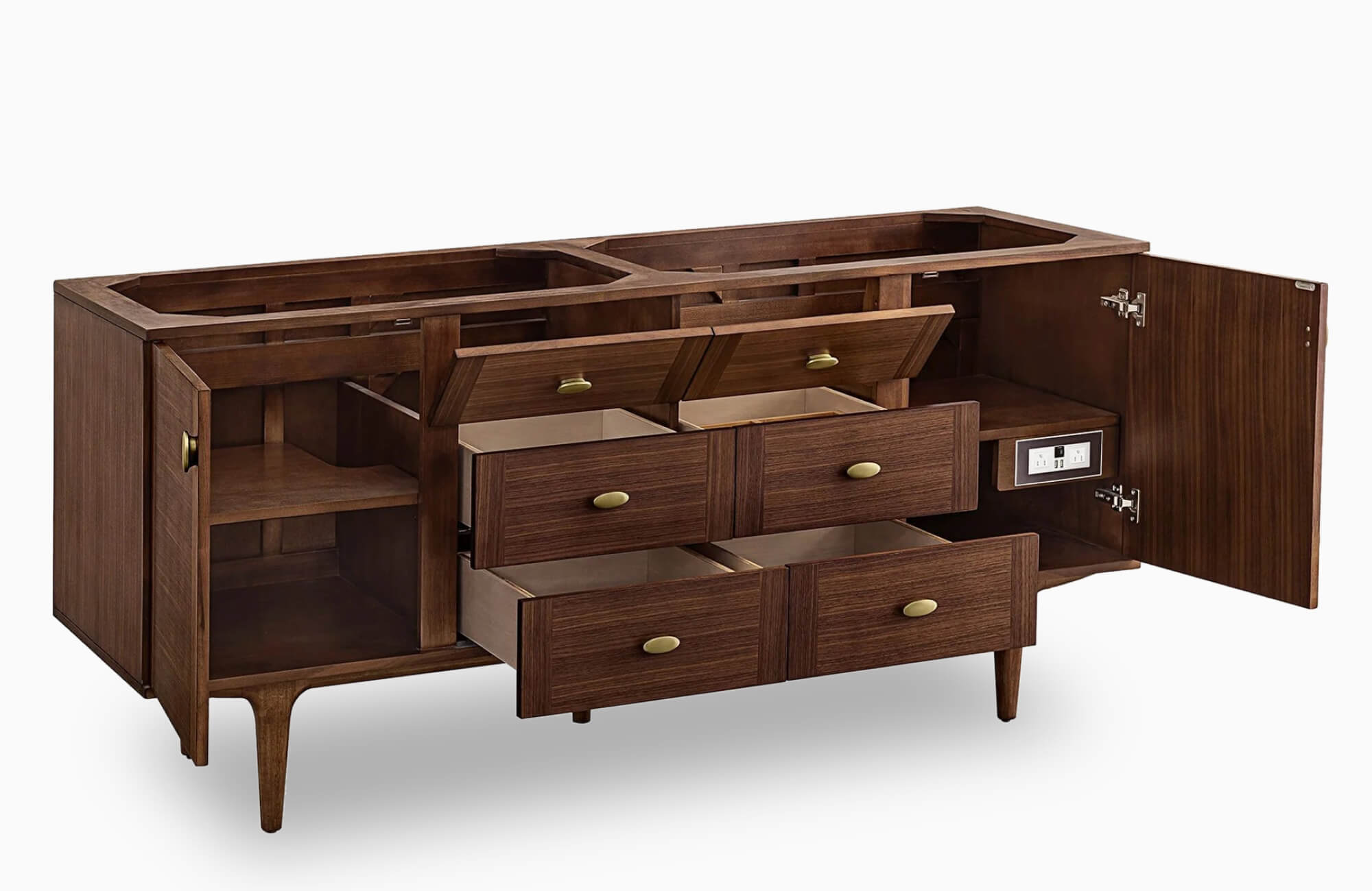 null Mid-century modern double-sink vanity in rich walnut with open drawers, hidden outlets, and smart storage compartments.