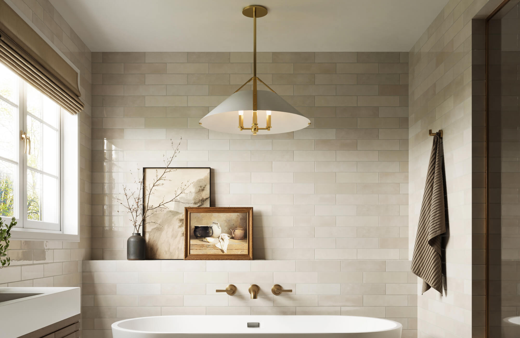 null Serene bathroom with soft beige subway tiles, white soaking tub, and brass wall-mounted fixtures.
