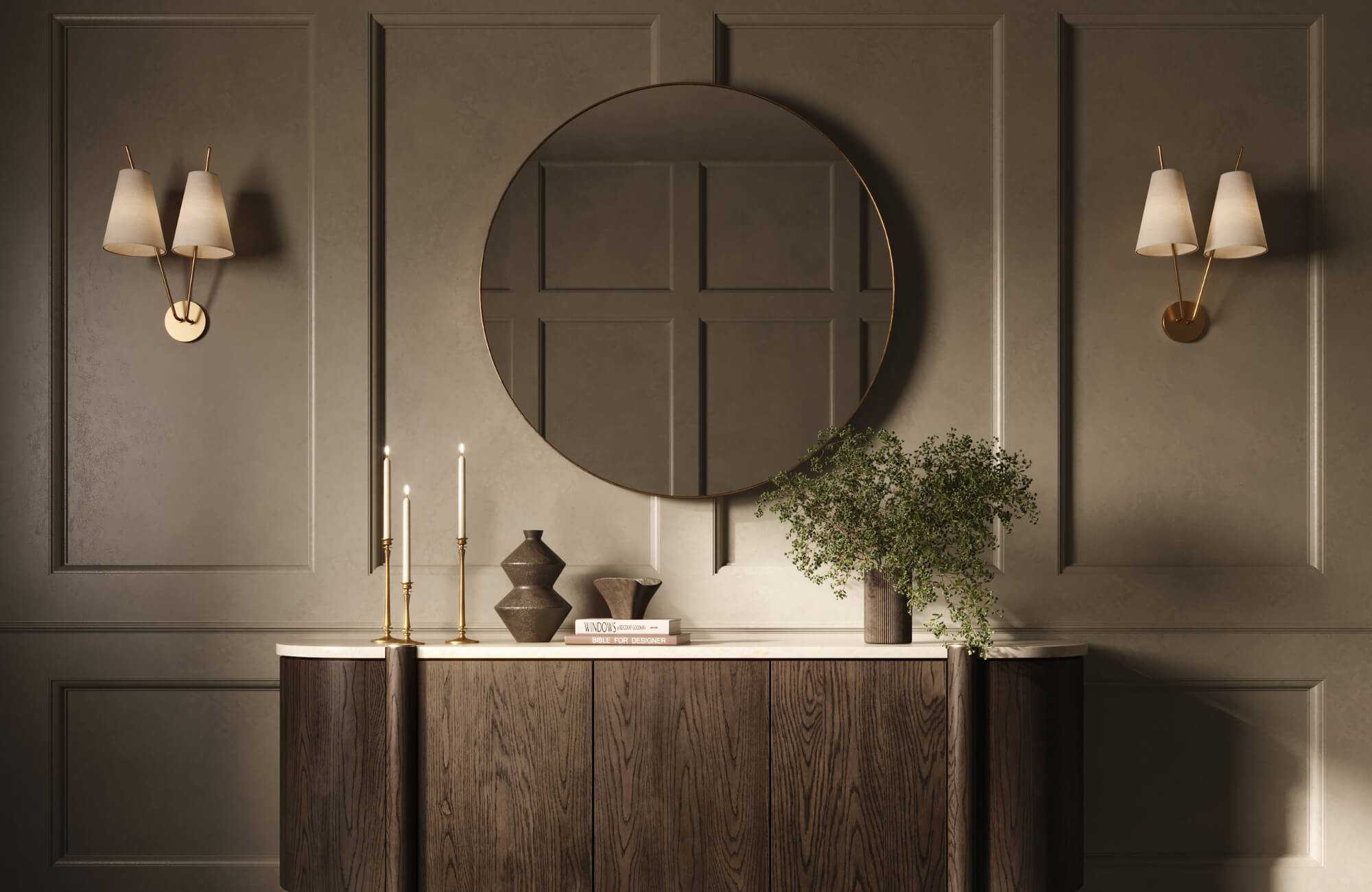 Round wall mirror above a dark wood sideboard with brass candleholders and sconces in a warm, elegant interior.