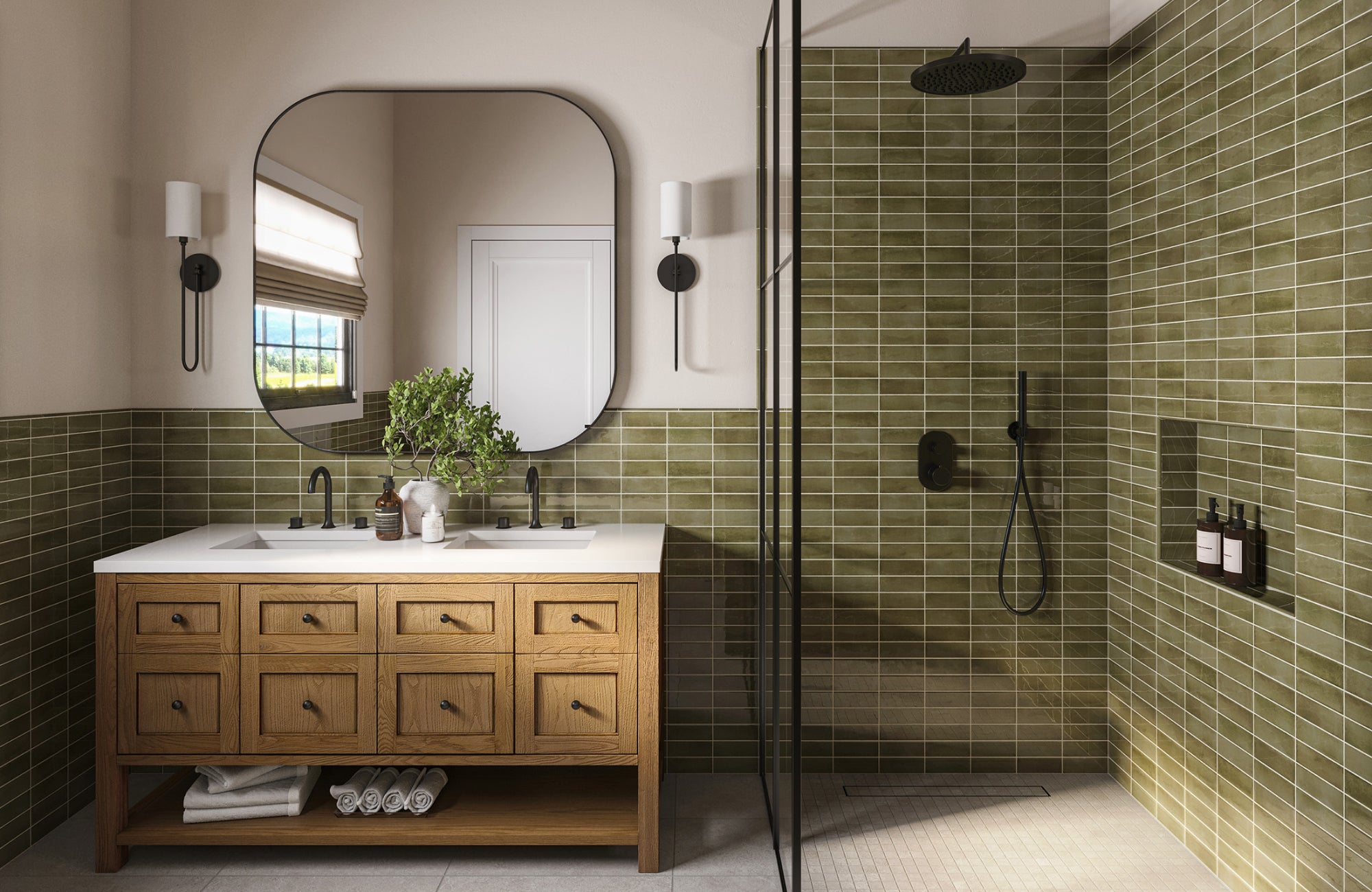 Large mirror hung low, close to faucet line, creating a strong connection between sink, vanity, and black fixtures.