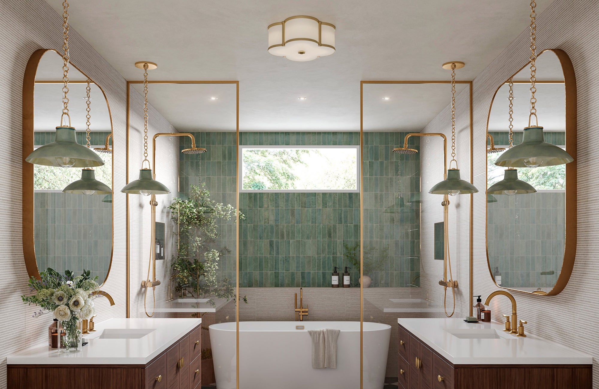 Tall mirrors hung from the ceiling down close to faucets, creating dramatic vertical symmetry over double vanities.