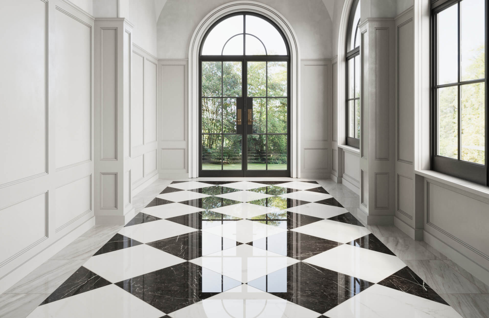 null Sophisticated entryway with bold black and white marble look checkered flooring, elegant paneled walls, and grand arched windows for timeless luxury.