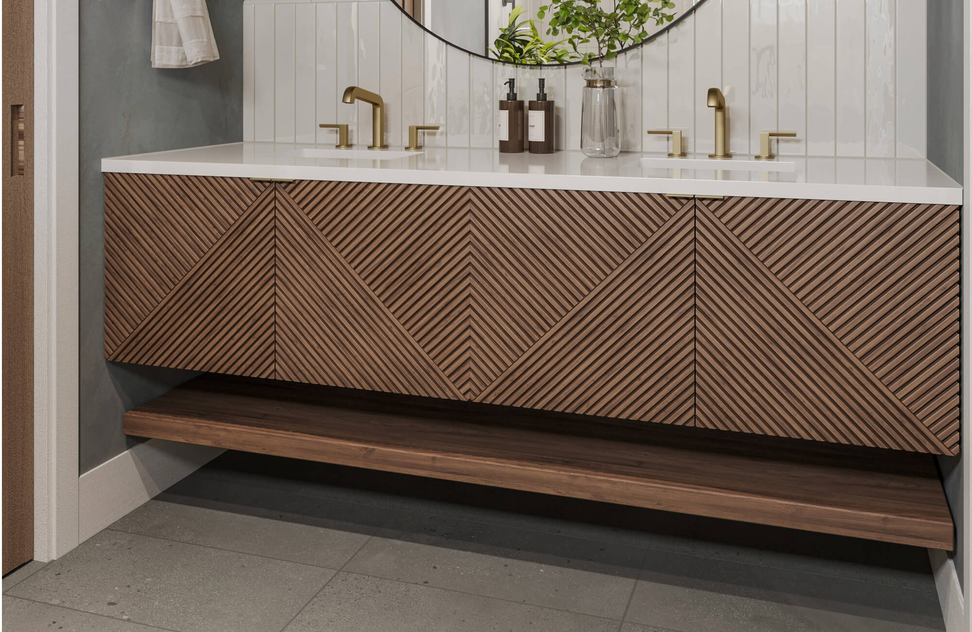 Geometric wood vanity with chevron detailing pairs with vertical white wall tiles and matte stone look flooring.