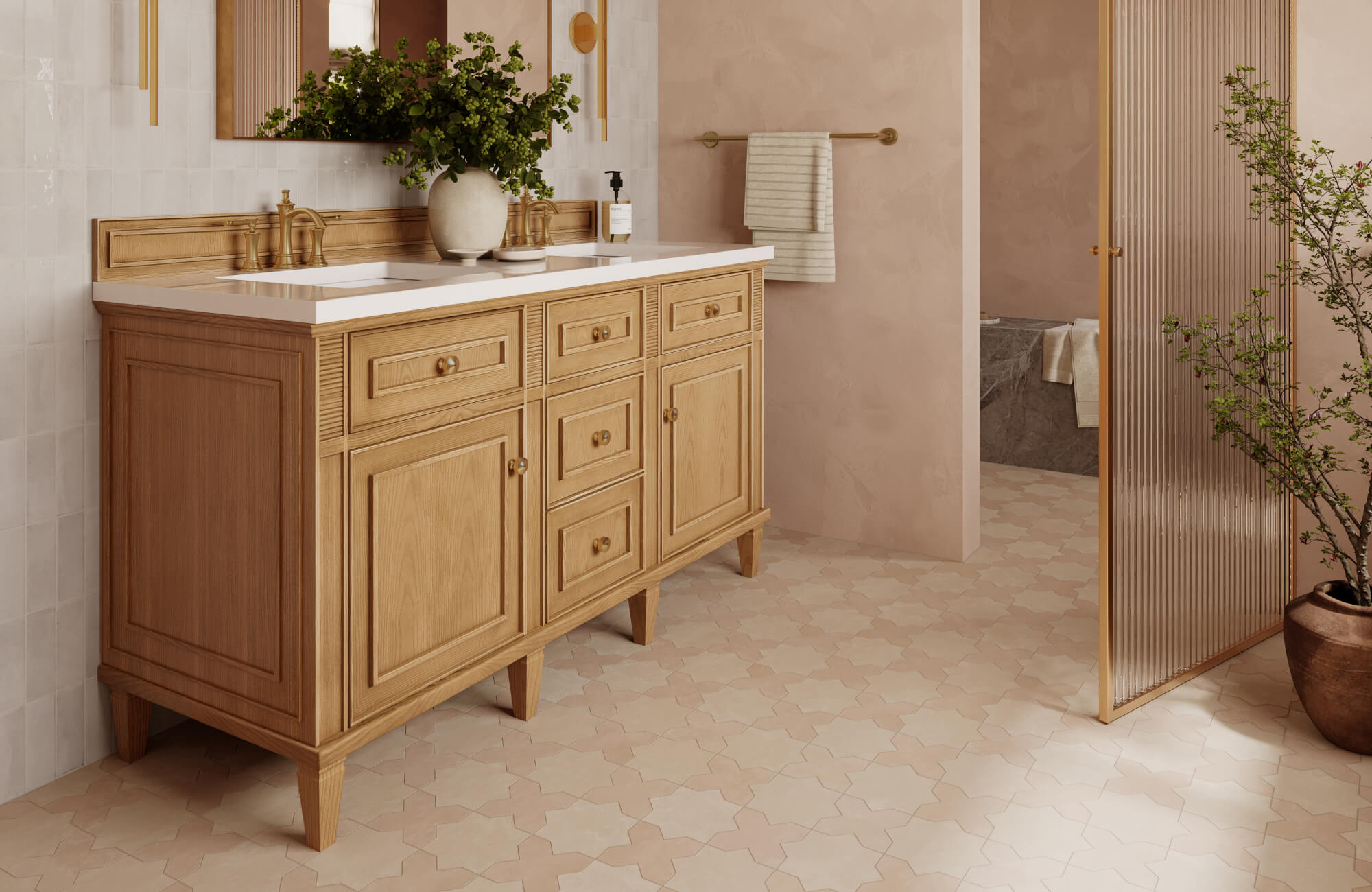 Blush-toned star and cross tiles complement the classic wood vanity and soft pink walls in this serene bathroom.