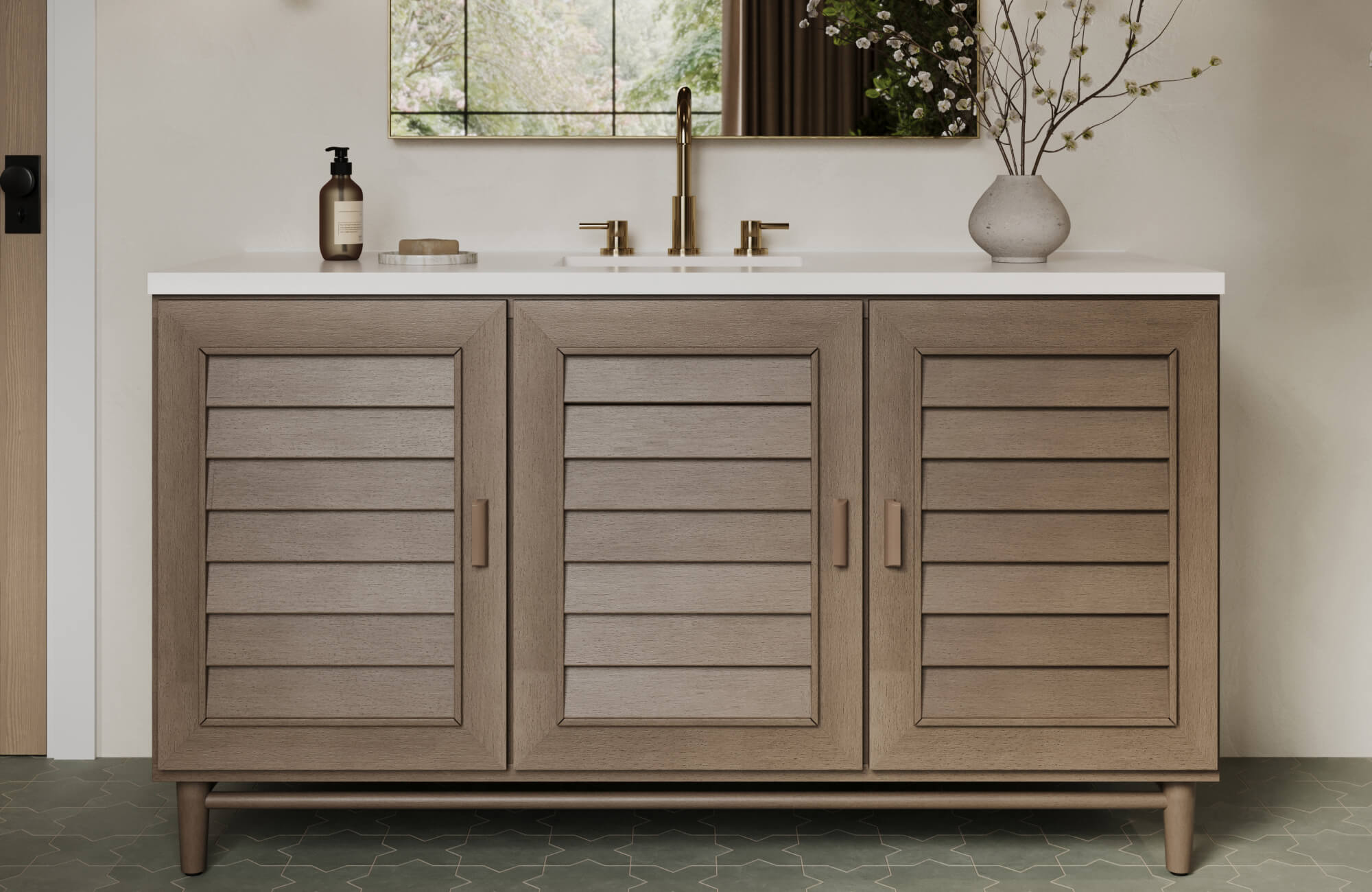 Louvered wood vanity in soft taupe pairs with sage green star and cross tiles for a calm, organic bathroom look.