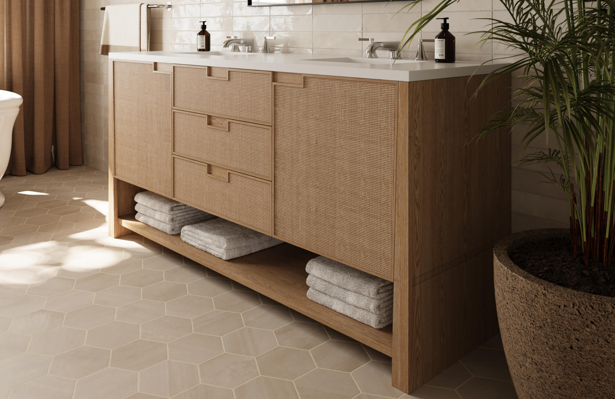 Elegant bathroom vanity with a textured wood cabinet, dual sinks, and a white countertop, styled with warm natural lighting for a serene spa-like atmosphere.
