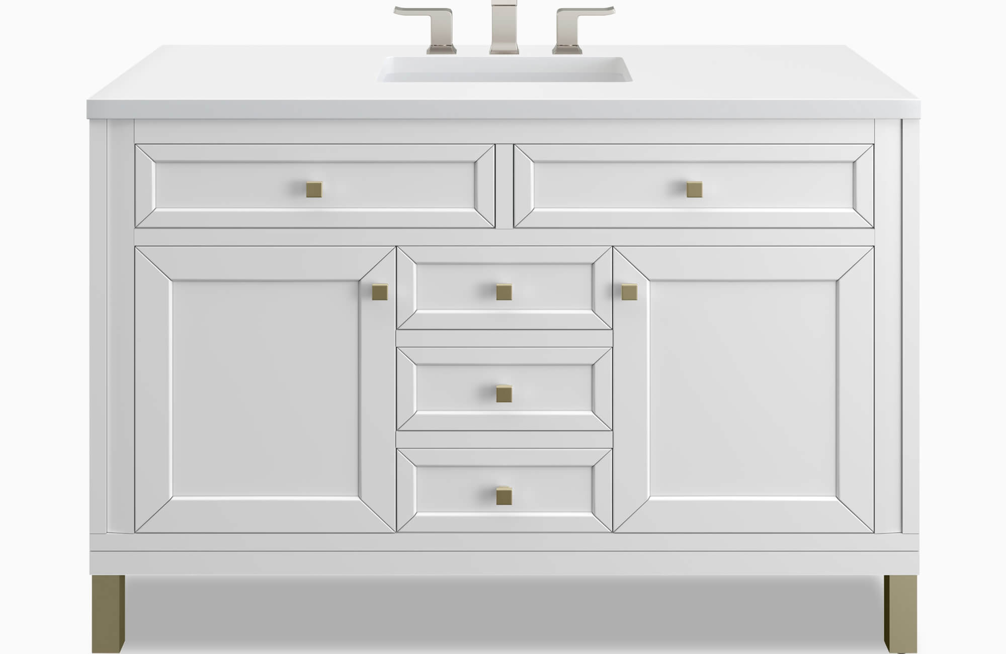 Classic bathroom vanity with a crisp white finish, paneled cabinetry, brushed metal hardware, and a sleek rectangular sink for a timeless, polished look.