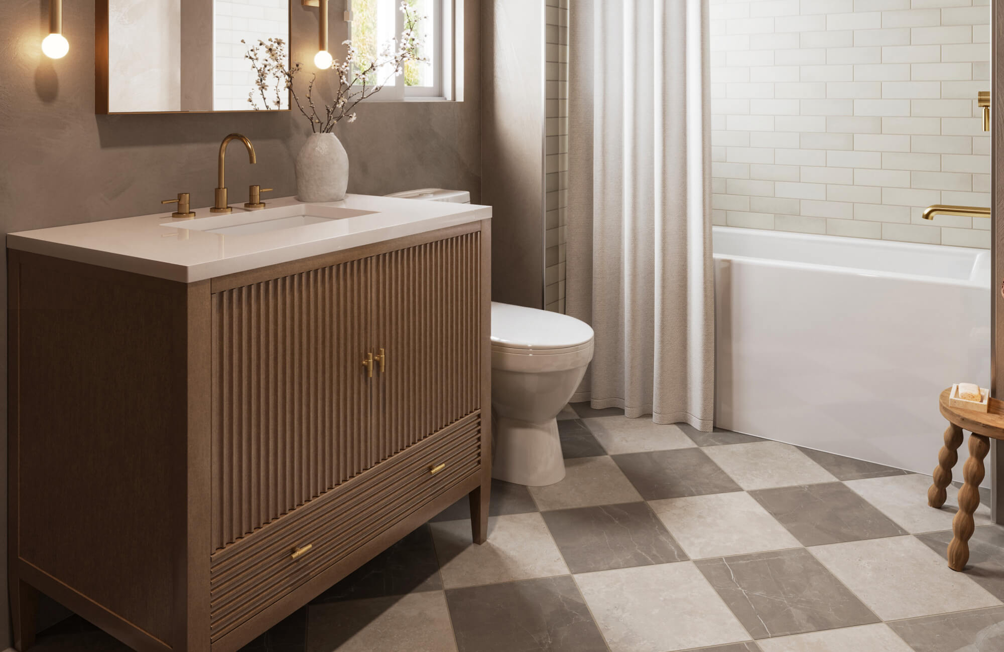 Charming bathroom vanity with a warm wood cabinet, marble countertop, and open shelf storage with woven baskets, complemented by elegant brushed nickel fixtures.