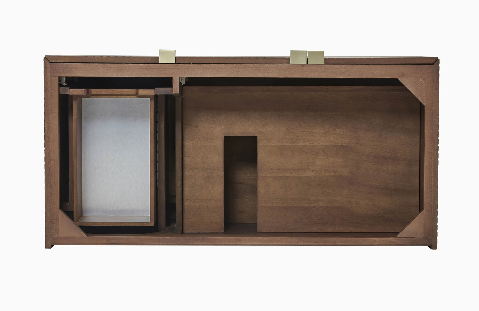 null Interior view of a wooden bathroom vanity cabinet showing storage compartments and plumbing cutouts in an unfinished frame.