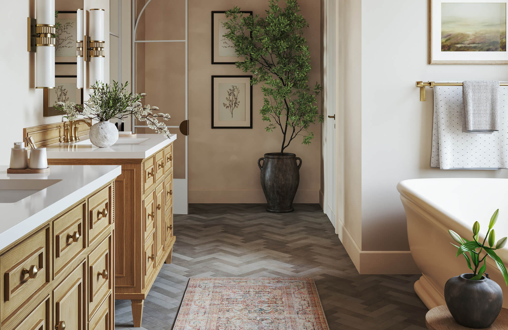 null Double bathroom vanity in a warm, traditional setting with wood cabinetry, framed art, and a freestanding bathtub nearby.