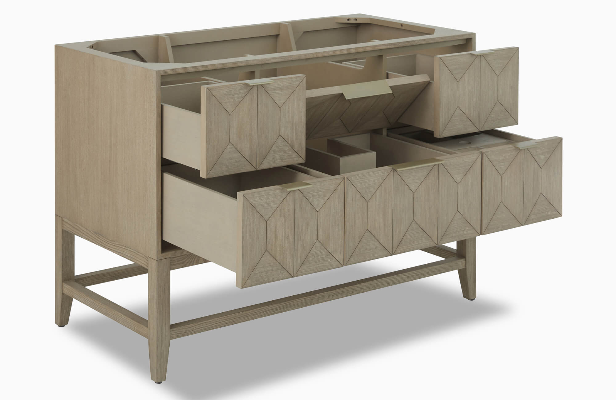 null Light wood bathroom vanity with open drawers displaying organized storage compartments and detailed geometric front panels.