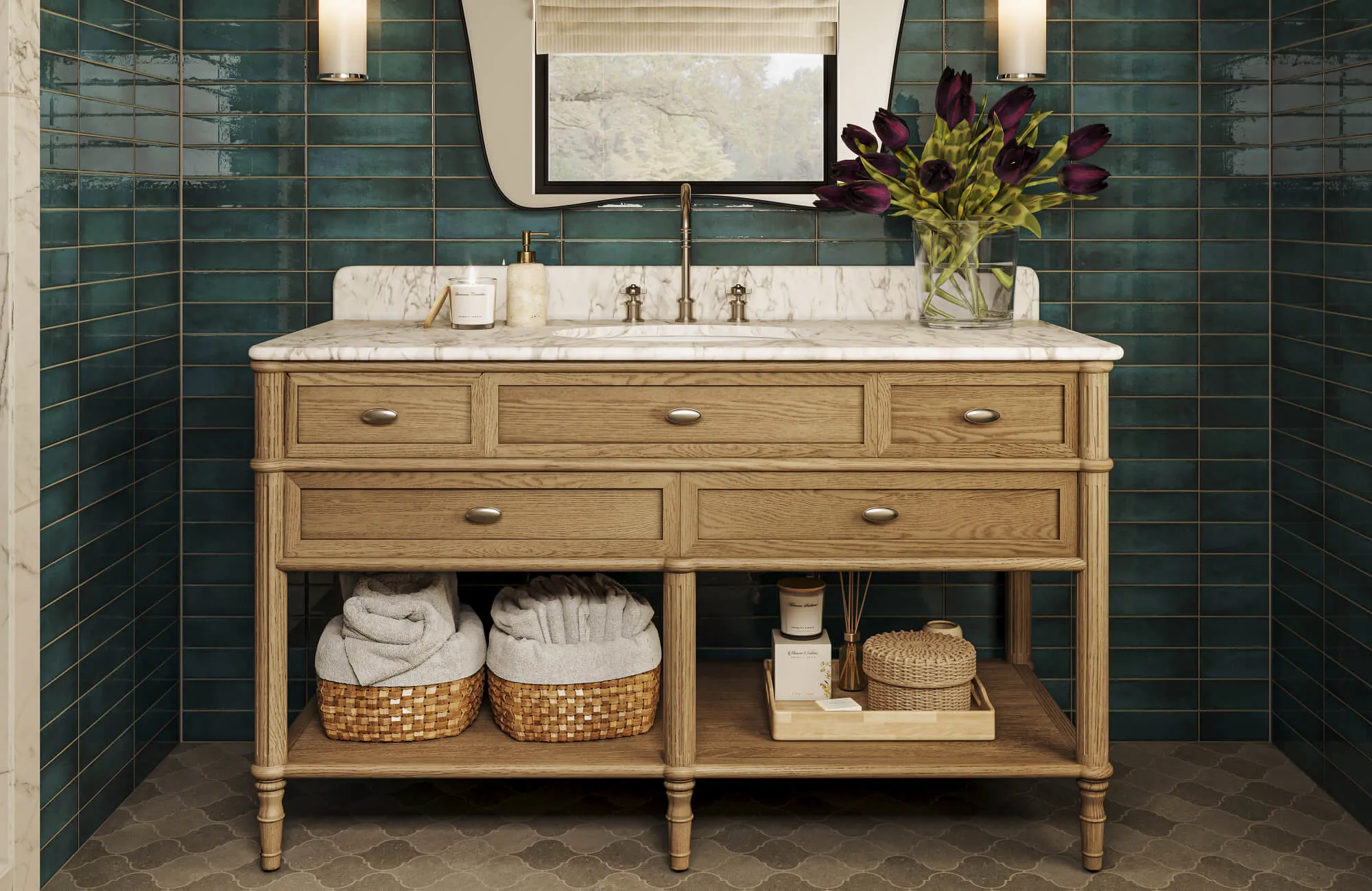 Elegant bathroom vanity with teal glazed tile walls, marble countertop, light wood cabinet, brass fixtures, and matching wall sconces flanking the mirror.
