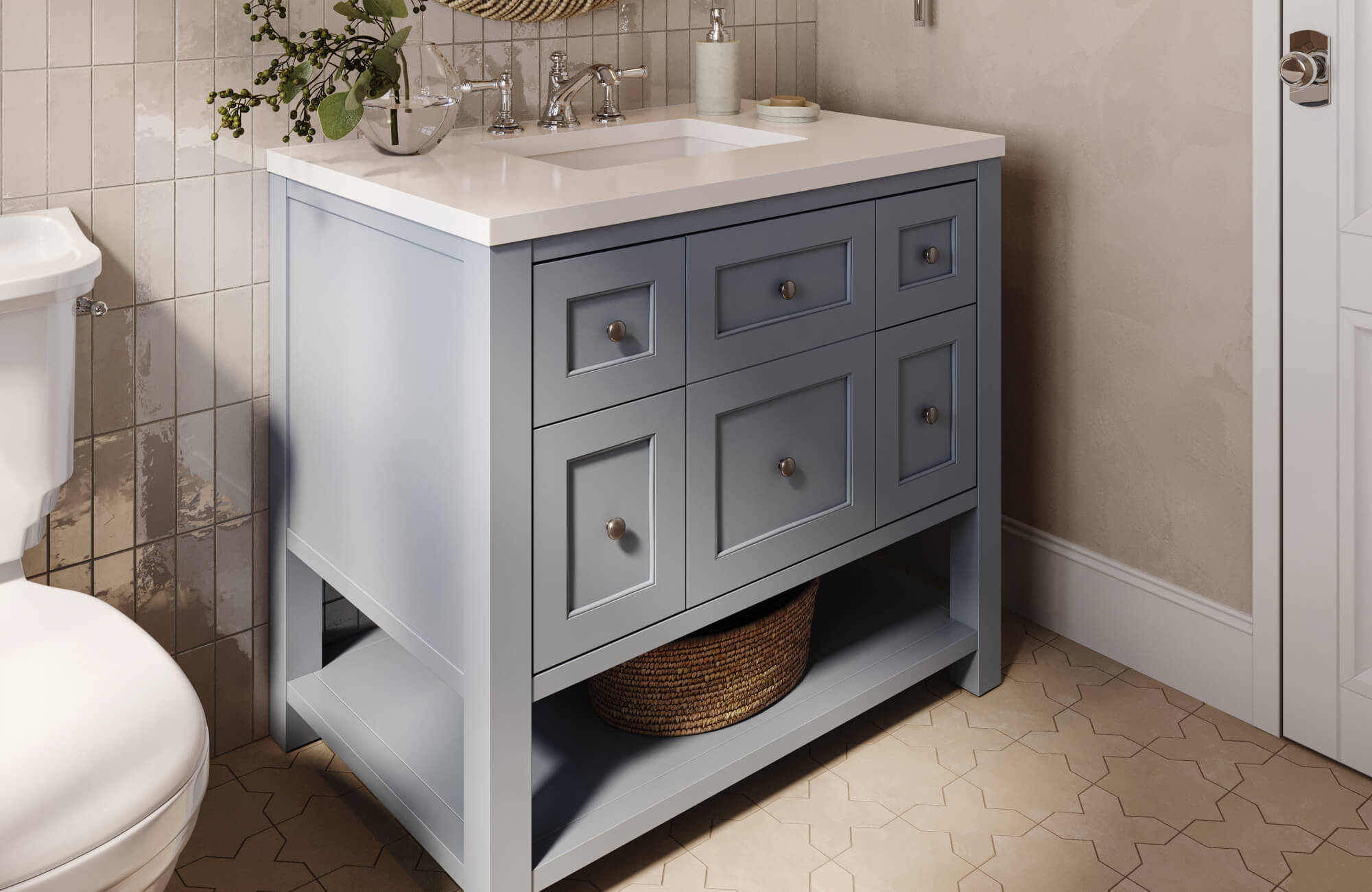 null Classic bathroom vanity with a soft gray cabinet, white quartz countertop, chrome fixtures, woven basket storage, and neutral tile flooring.