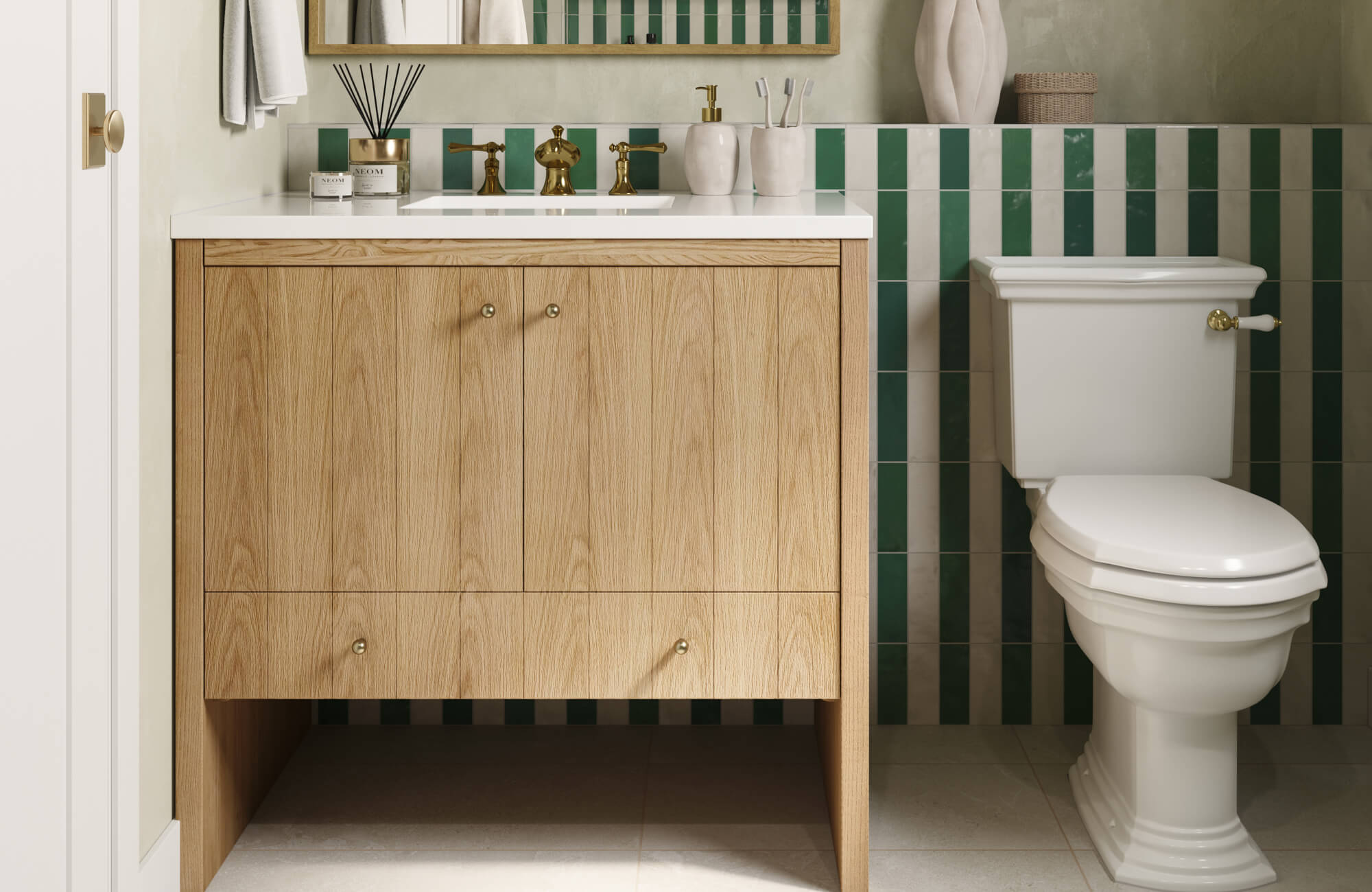 null Bright bathroom featuring a light wood vanity with white countertop, brass fixtures, green-and-white vertical tile backsplash, and a classic toilet.