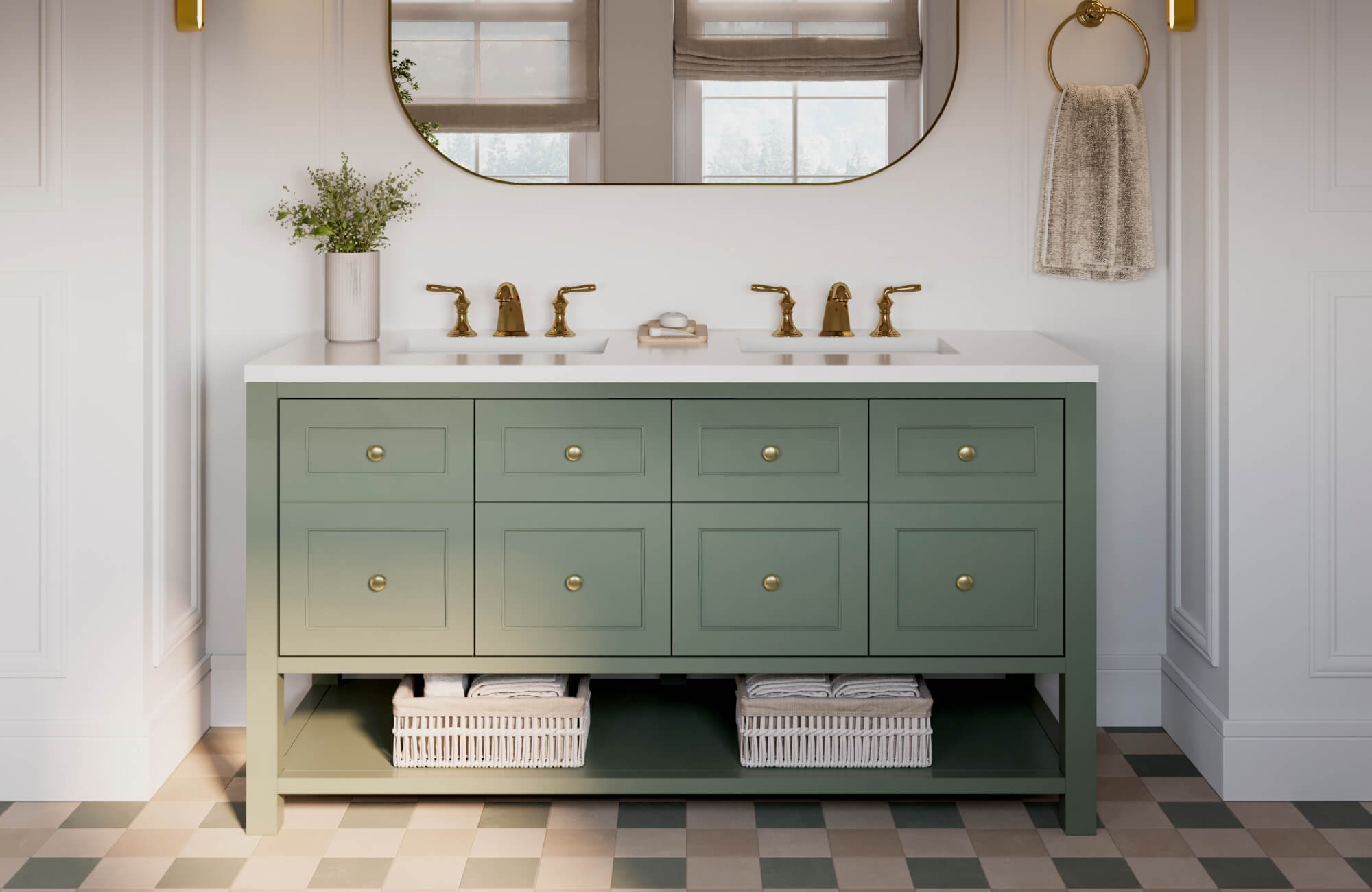 null Refined bathroom with a sage green double vanity, white countertop, brass fixtures, checker tile floor, and slim gold wall sconces.