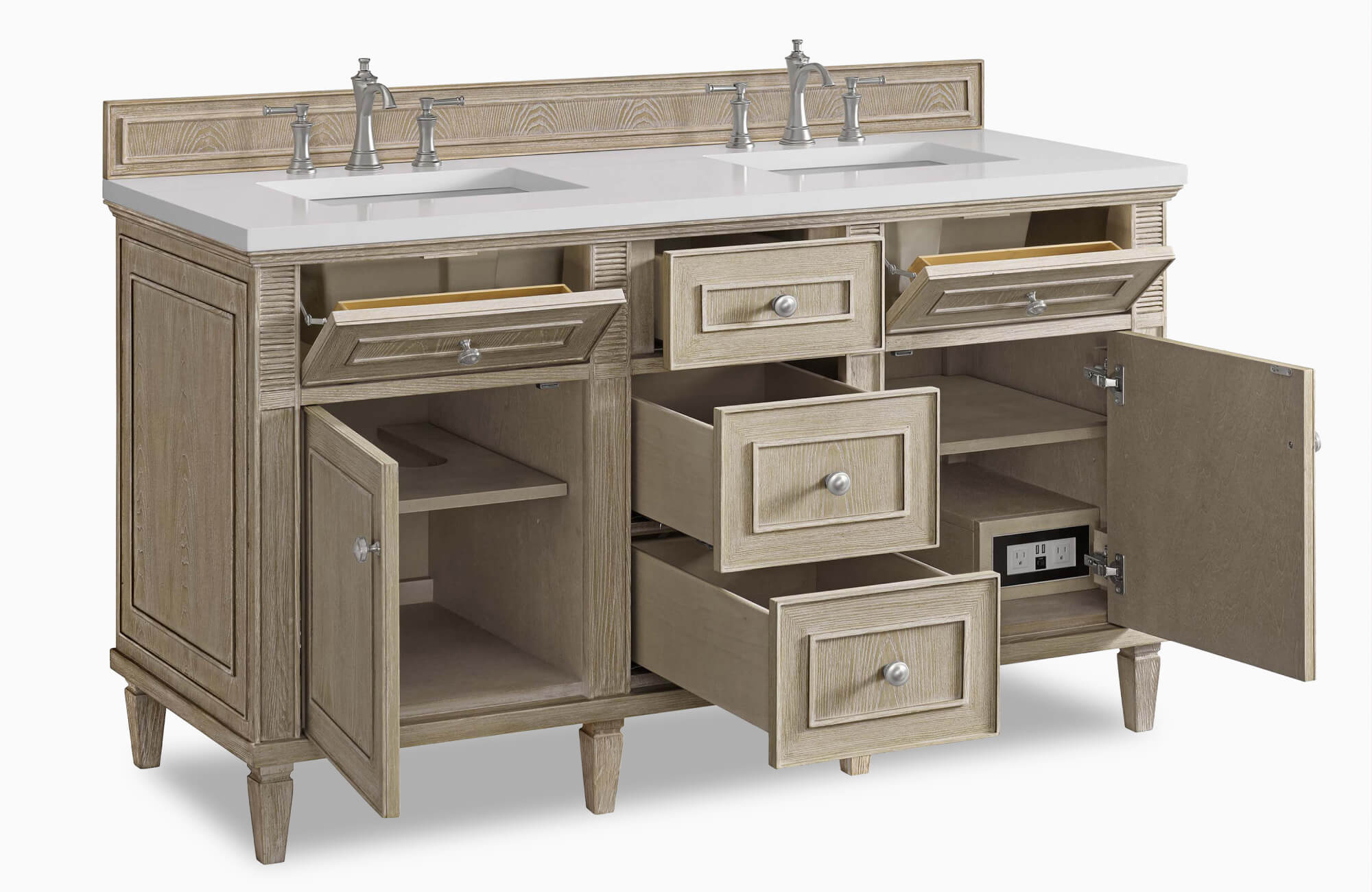 null Traditional double bathroom vanity with a light wood finish, white countertop, chrome faucets, and open drawers and cabinets on a white background.