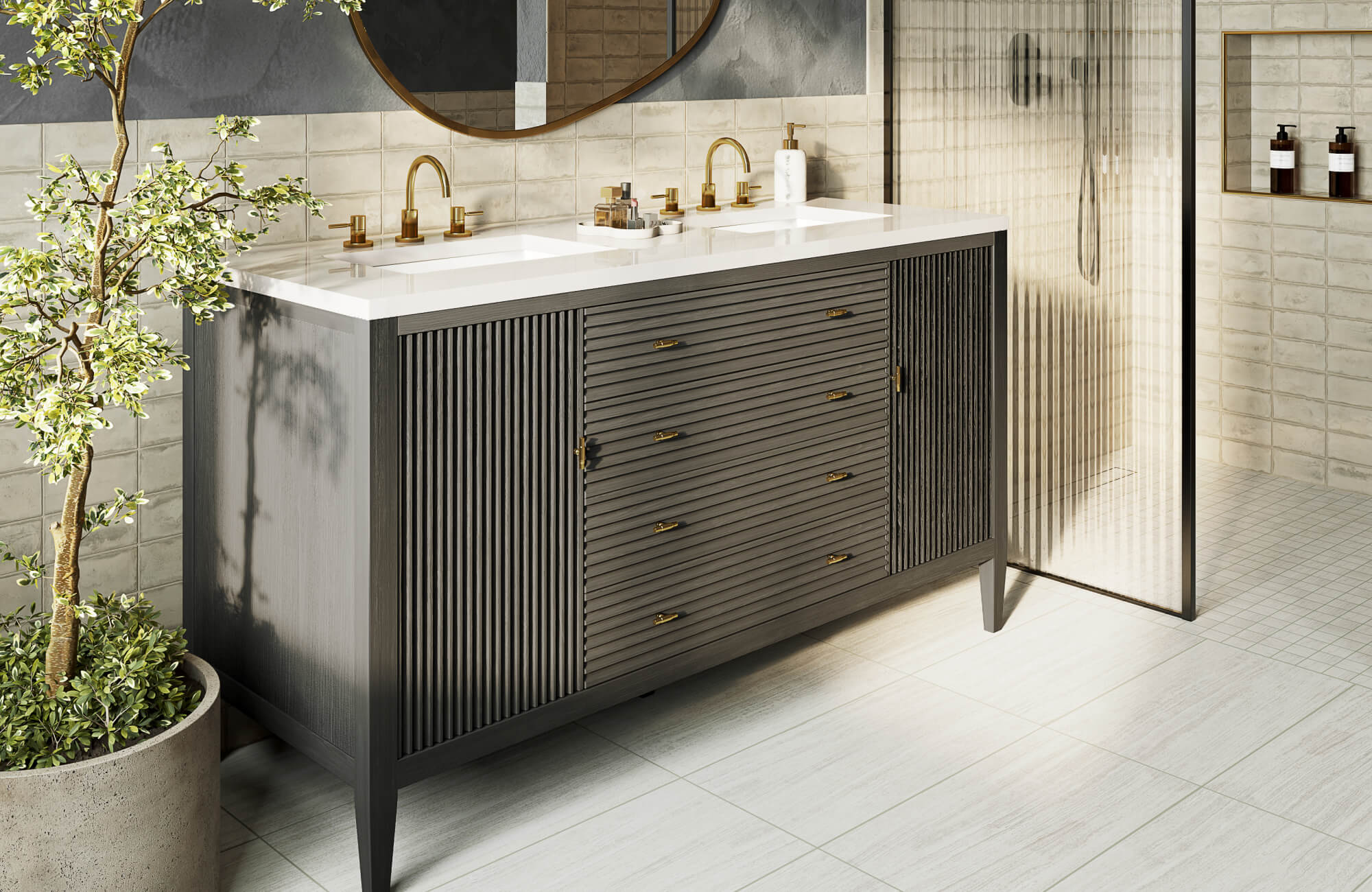null Modern double sink vanity with fluted charcoal wood, brass fixtures, and glossy cream subway tiles in a bright, spa-like bathroom.