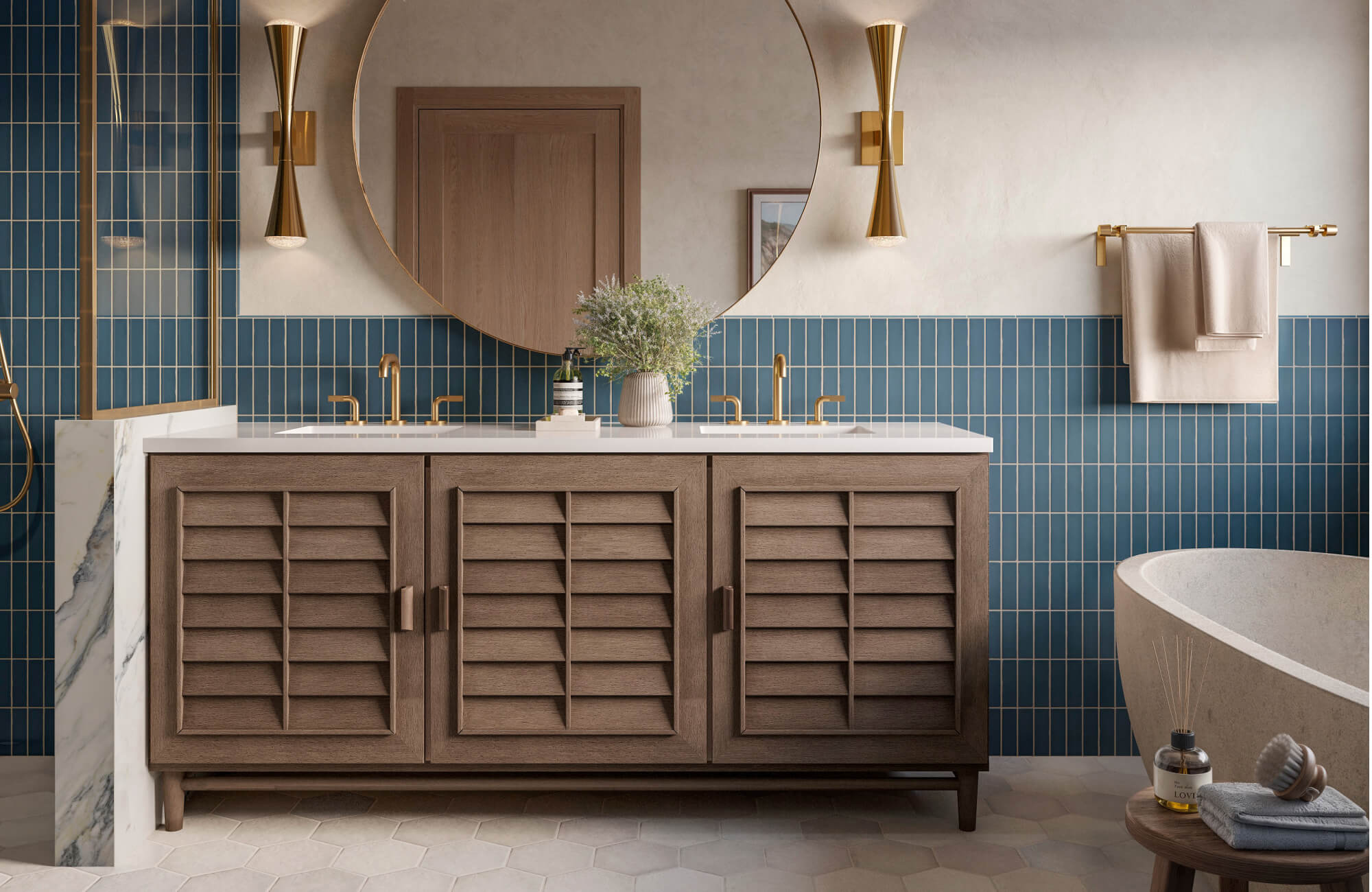 null Contemporary bathroom with blue vertical subway tiles, louvered wood double vanity, brass fixtures, and sculptural gold sconces.