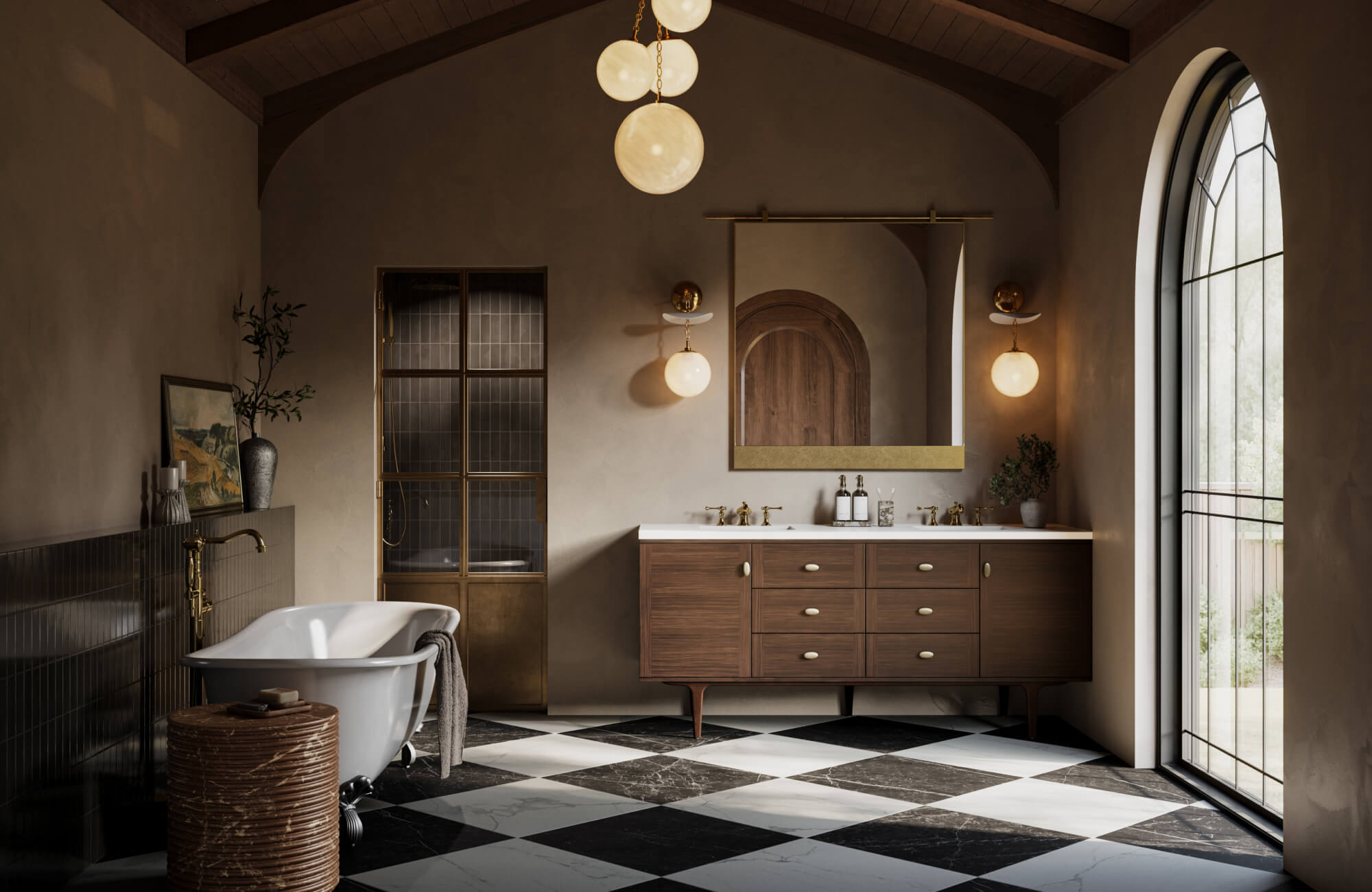 null Luxurious bathroom with globe pendant lights, mid-century wood vanity, arched window, and black-and-white checkerboard floor.