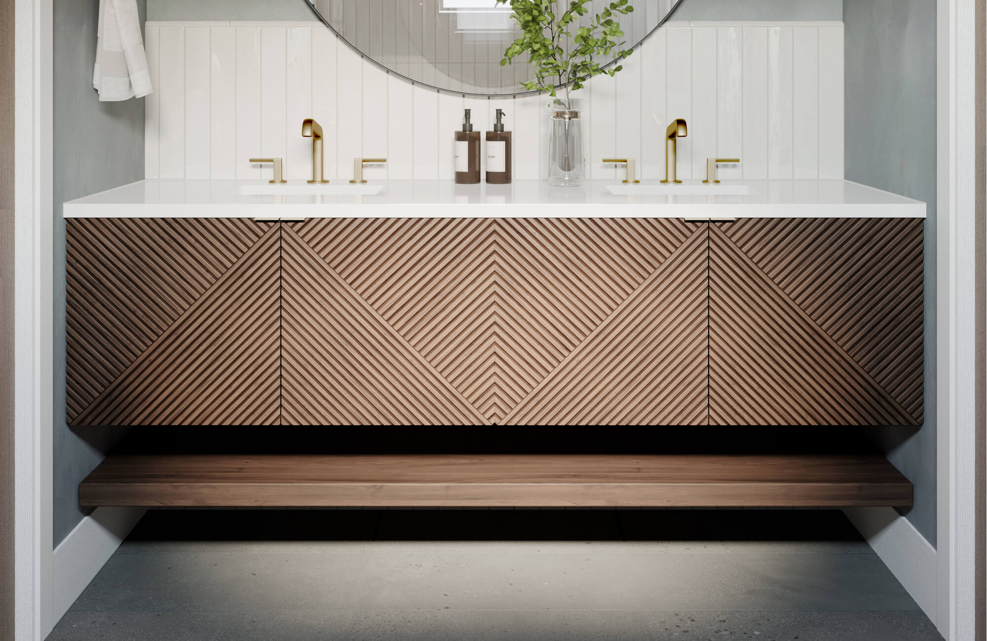null Striking double vanity with geometric slatted wood fronts, brushed gold fixtures, and glossy vertical white tile backsplash.