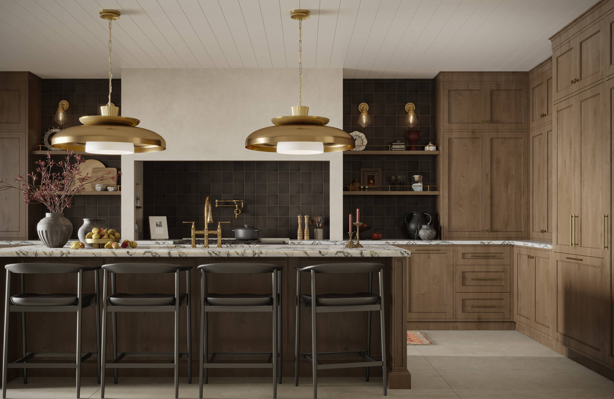 null A warm, sophisticated kitchen wrapped in rich wood cabinetry and marble surfaces is elevated by two large brass kitchen pendant lights that introduce a bold, sculptural focal point and luxurious ambient glow.