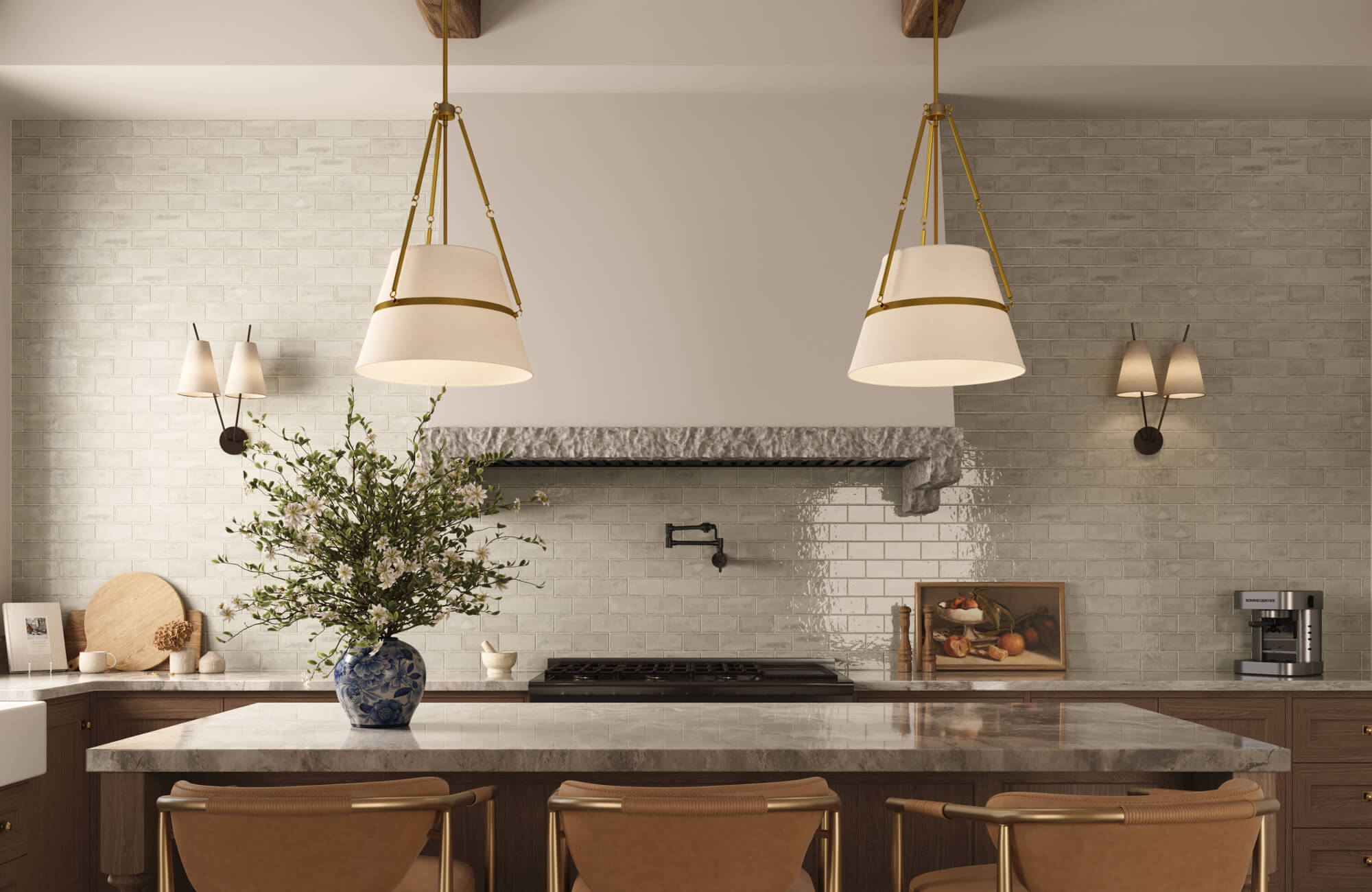 null A refined, inviting kitchen with warm wood cabinetry, a polished stone island, and glossy subway tile is beautifully illuminated by two elegant kitchen pendant lights featuring tapered white shades and brass detailing that add timeless sophistication to the space.