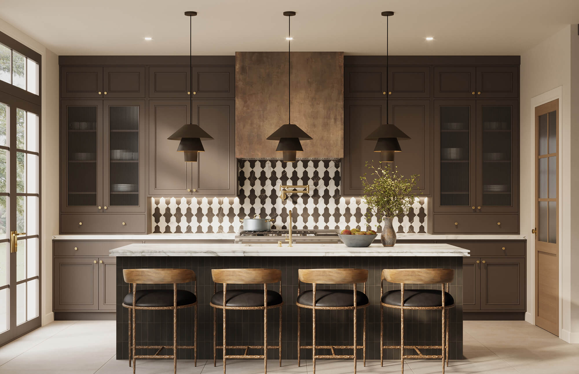 null A contemporary kitchen with rich taupe cabinetry, sculptural tile backsplash, and a marble island is dramatically accented by sleek black kitchen pendant lights that add modern depth and striking visual balance to the space.