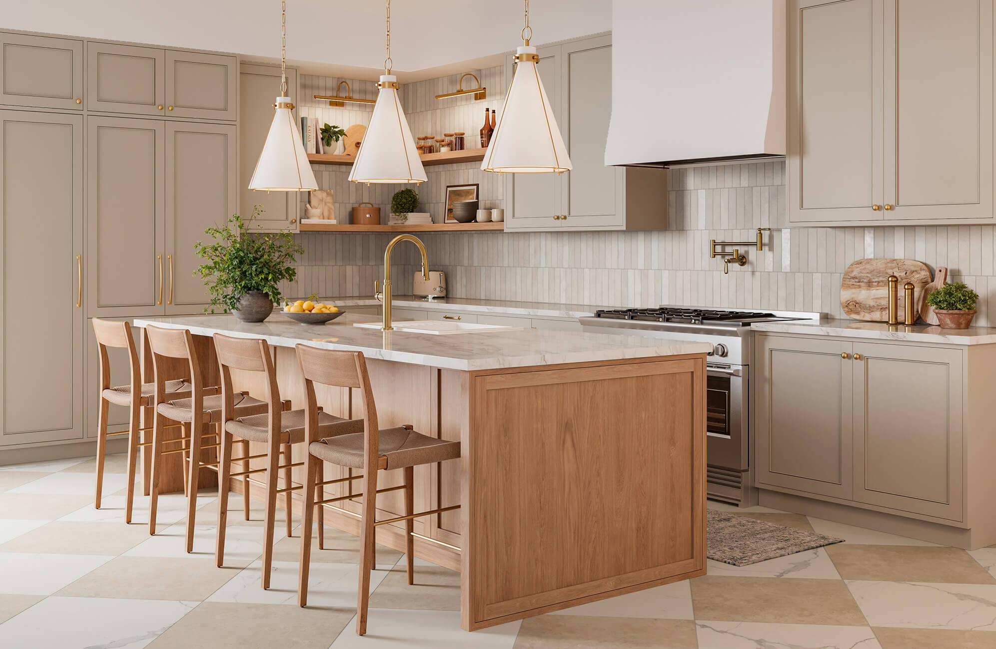 null A soft, airy kitchen with warm wood accents, creamy cabinetry, and a marble island is brightened by three cone-shaped kitchen pendant lights featuring brass detailing that add tailored elegance and a refined focal point to the space.
