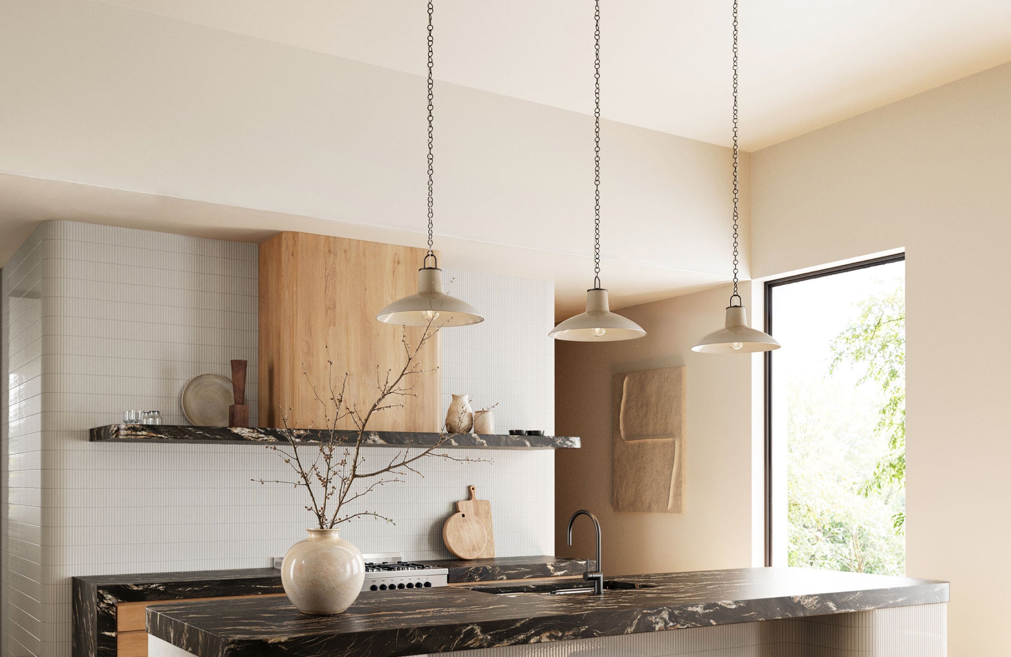 null Three ceramic pendants provide focused light above a marble kitchen island with a wood and white tile backdrop.