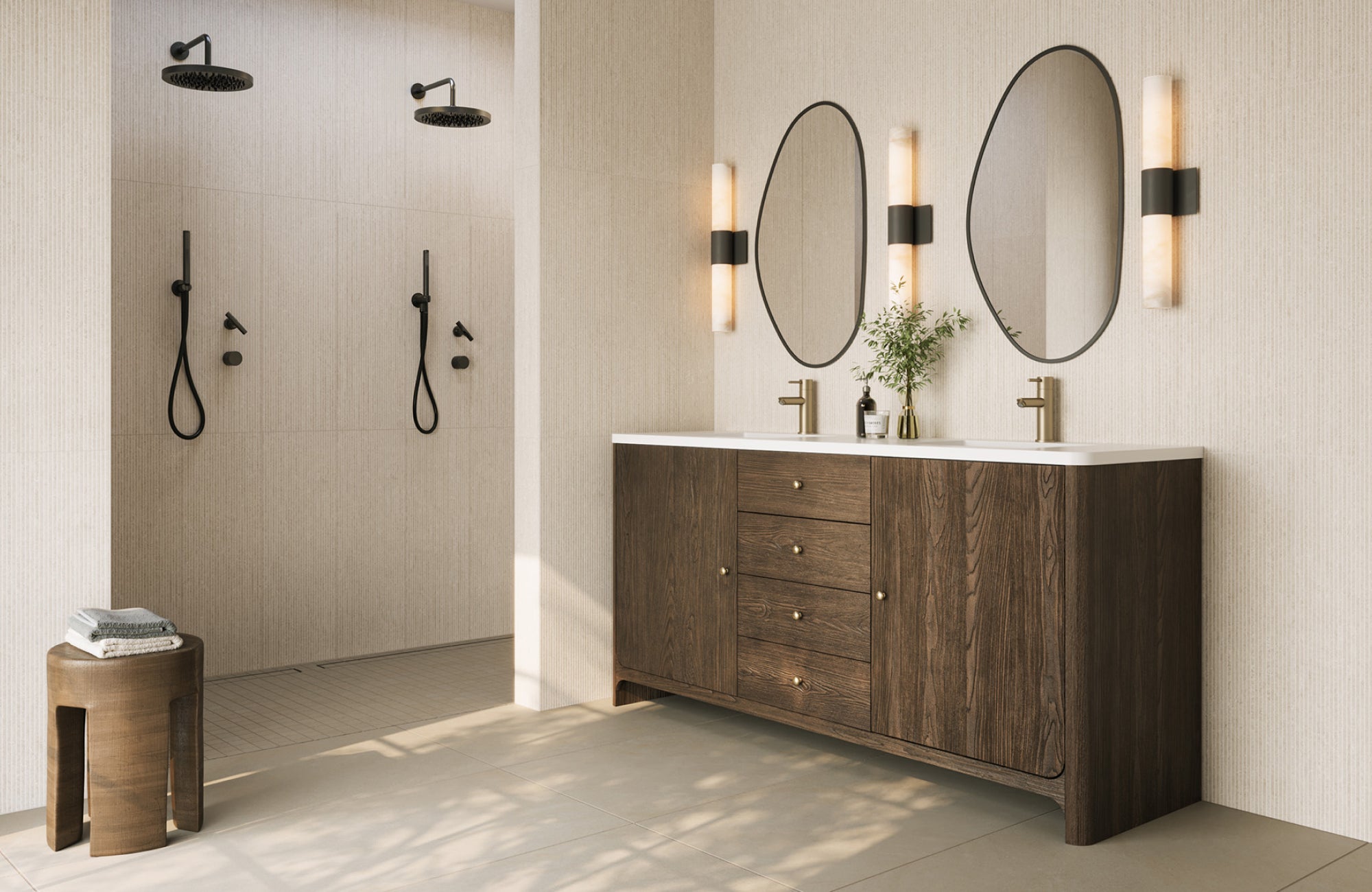 null A pair of vertical sconces flank mirrors above a wood double vanity in a spa-like bathroom with walk-in showers.
