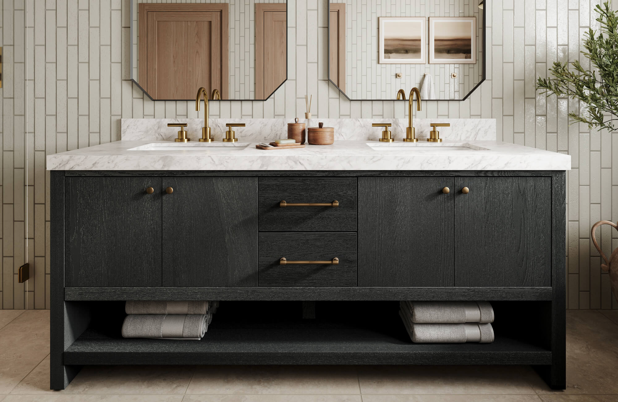 null Glossy vertical tile backsplash in soft beige tones contrasts beautifully with a dark wood vanity and marble countertop.