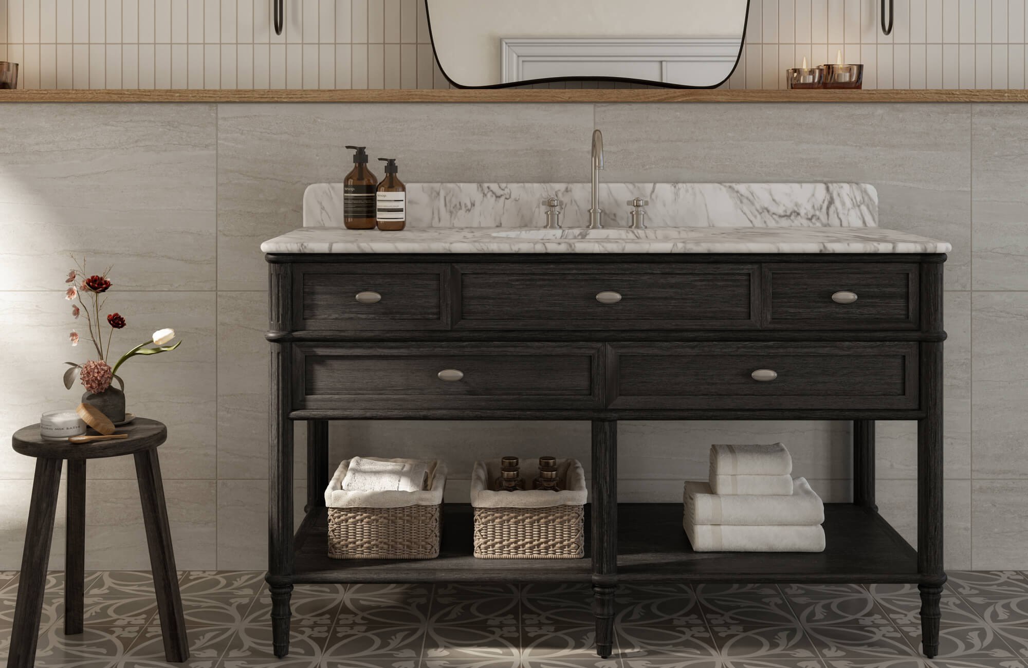 null Layered tile backsplash with vertical ivory accents above large format stone look tiles pairs with a dark wood vanity and marble top.
