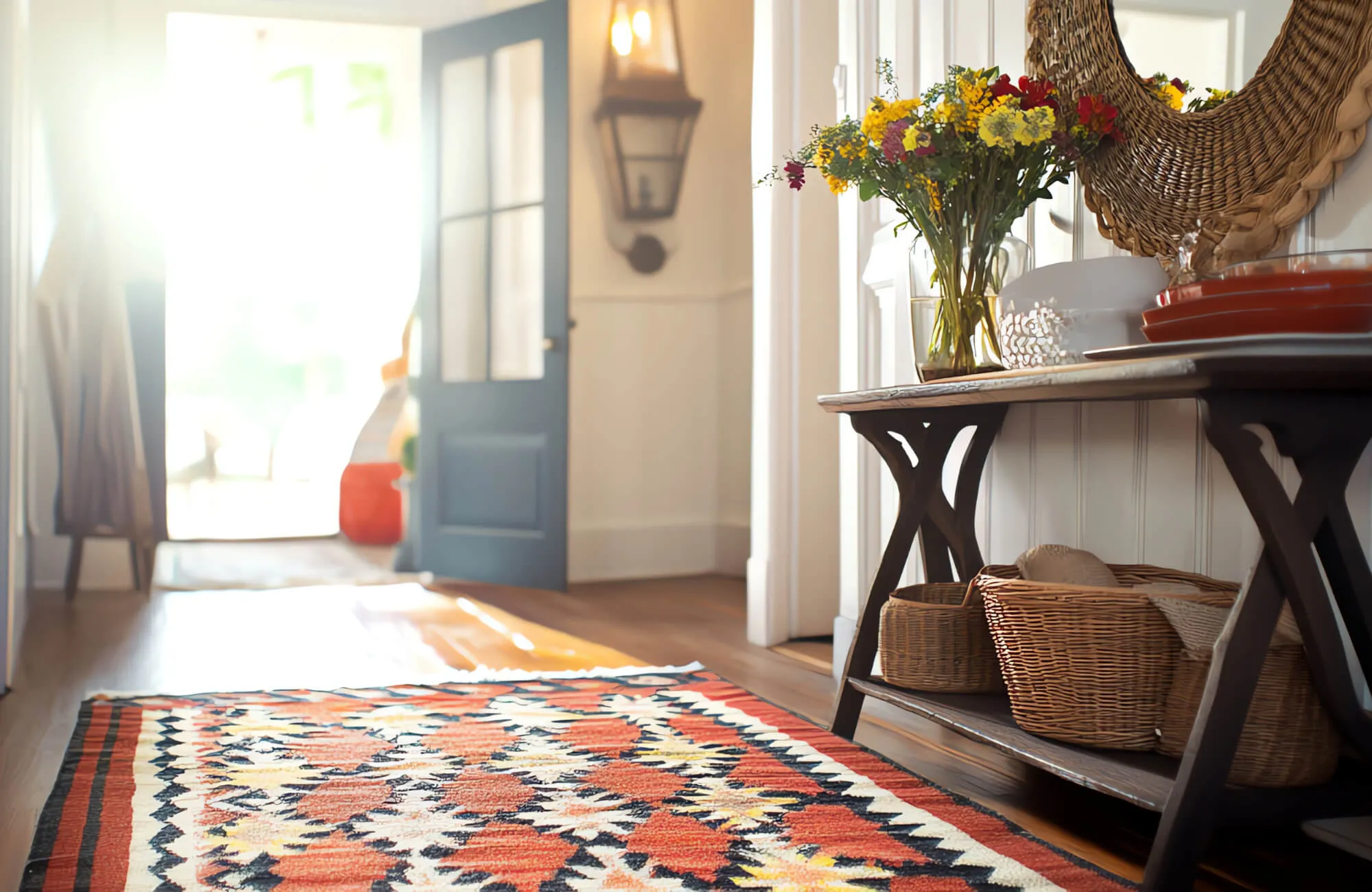 Bright entryway featuring a colorful Moroccan rug, woven baskets, and a console table with fresh flowers beside an open blue door.