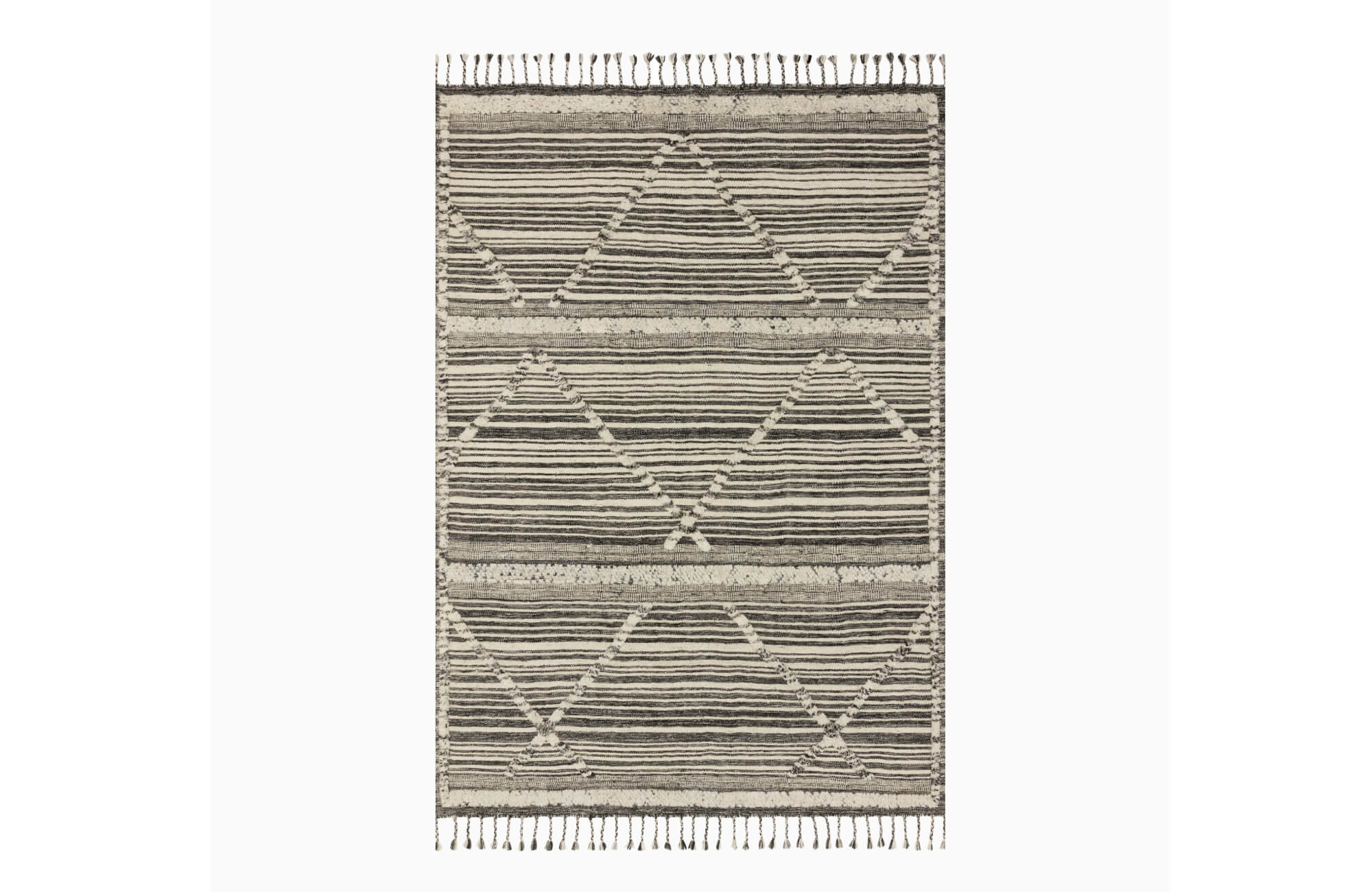 Moroccan-inspired rug with textured diamond motifs and horizontal stripes in neutral tones, finished with tasseled fringe.