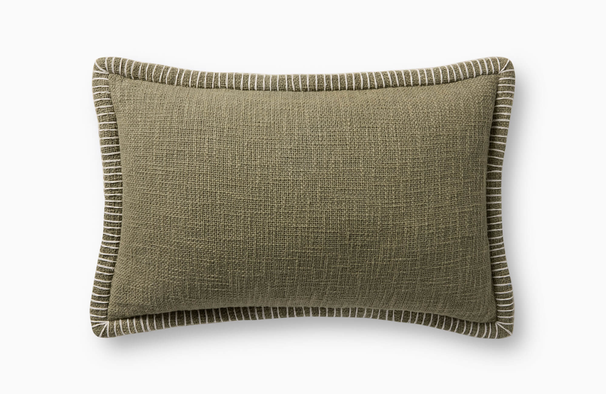 Neutral olive accent pillow with subtle texture and striped trim edging, isolated against a white backdrop.