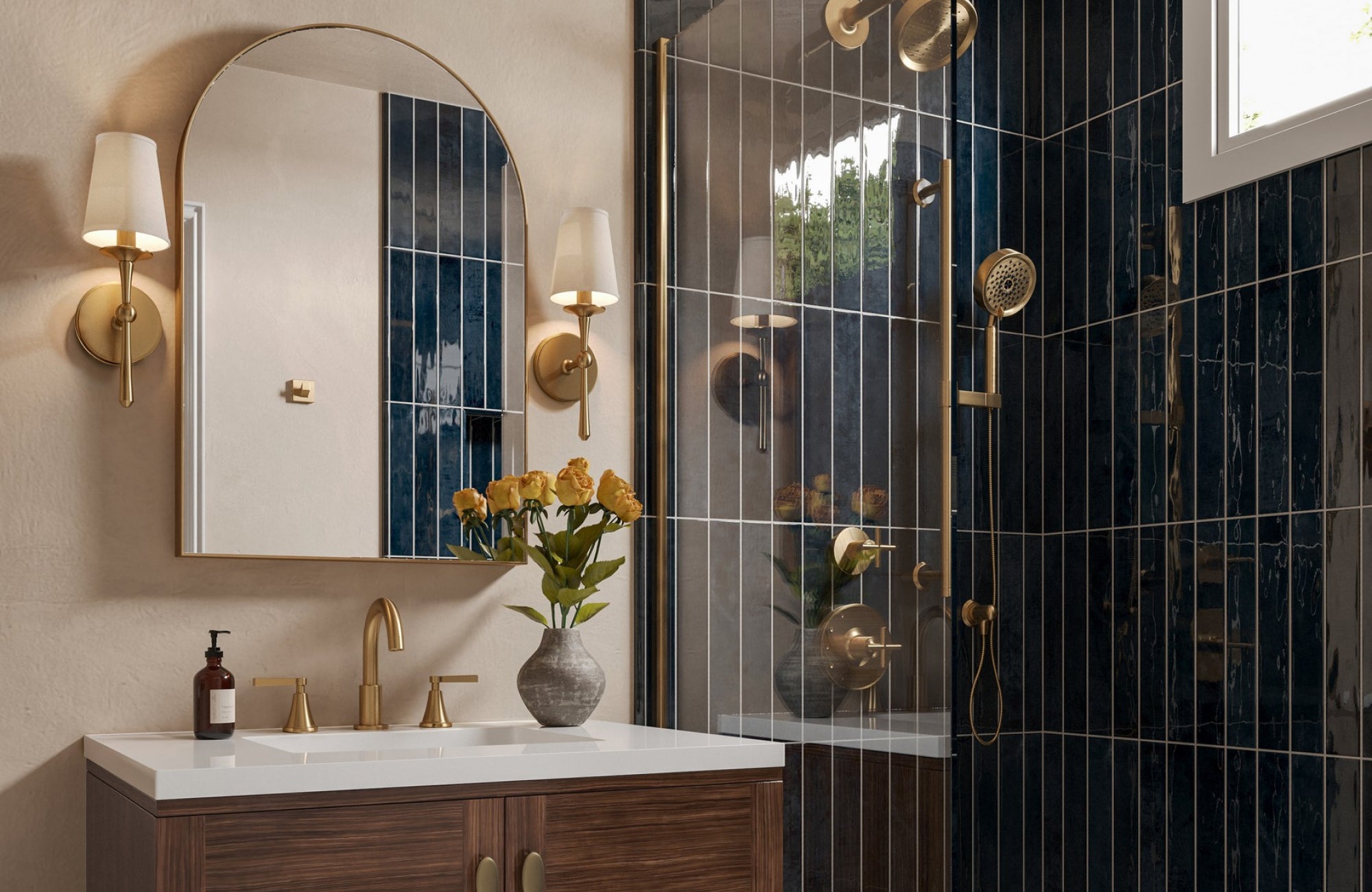Medium arched mirror above a 30-inch vanity, showing ideal mirror-to-vanity width and balanced spacing.