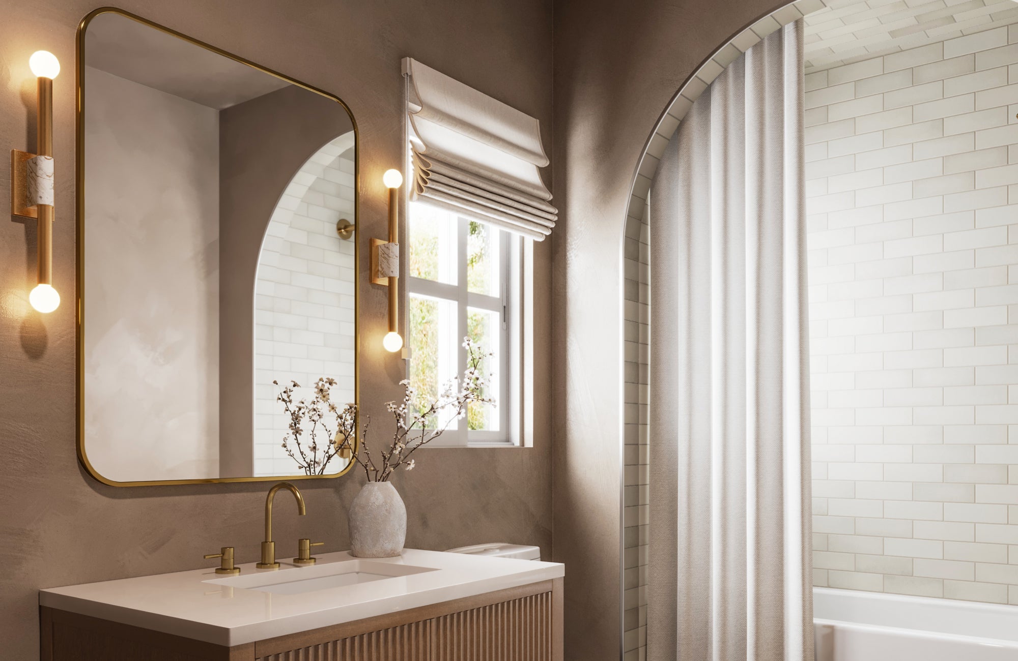 Rectangular mirror above a 30-inch vanity, paired with vertical sconces to enhance height and mirror proportion.
