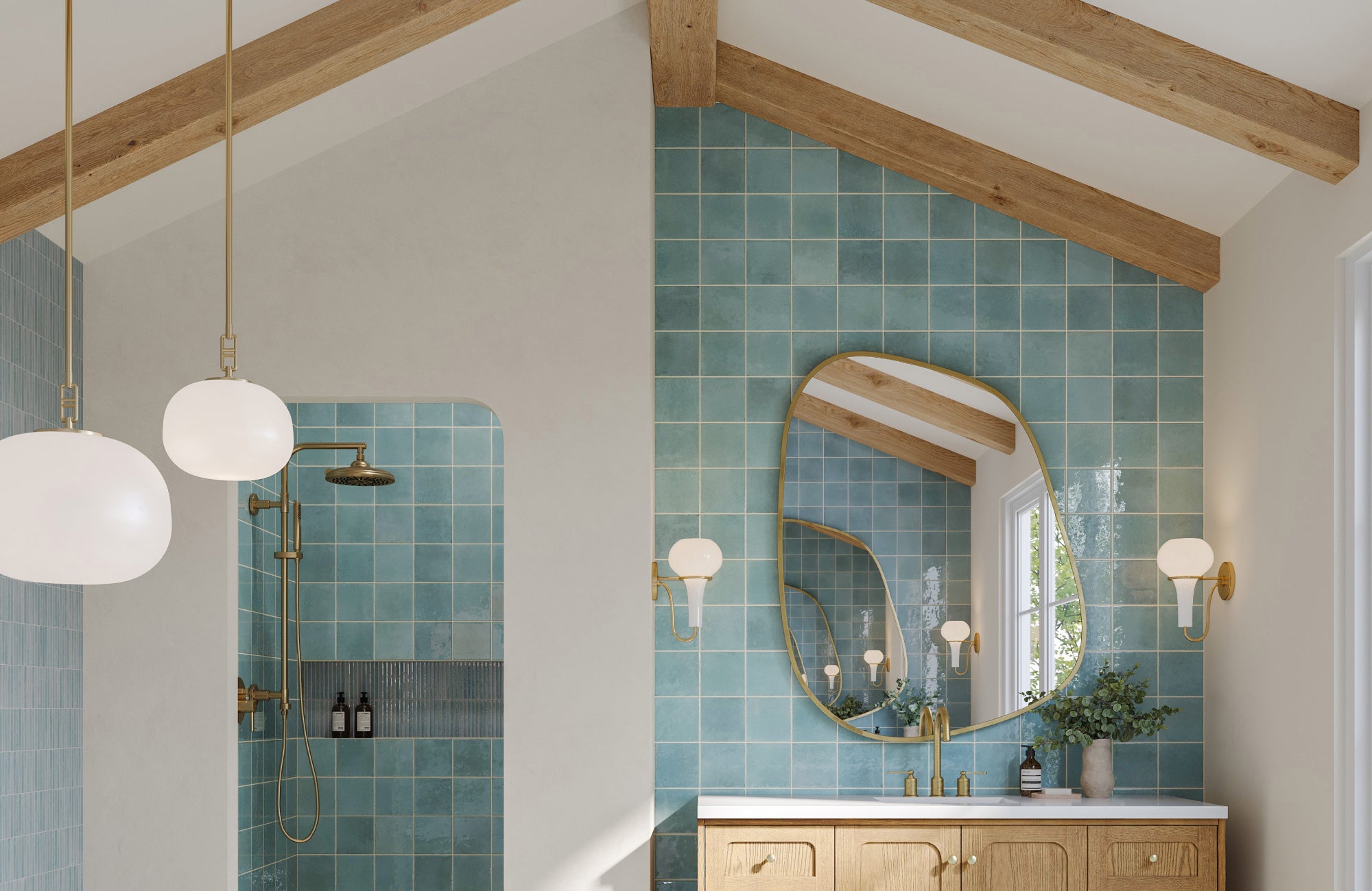 null Oversized mirror in a bathroom with vaulted ceilings, emphasizing vertical space and open sightlines.