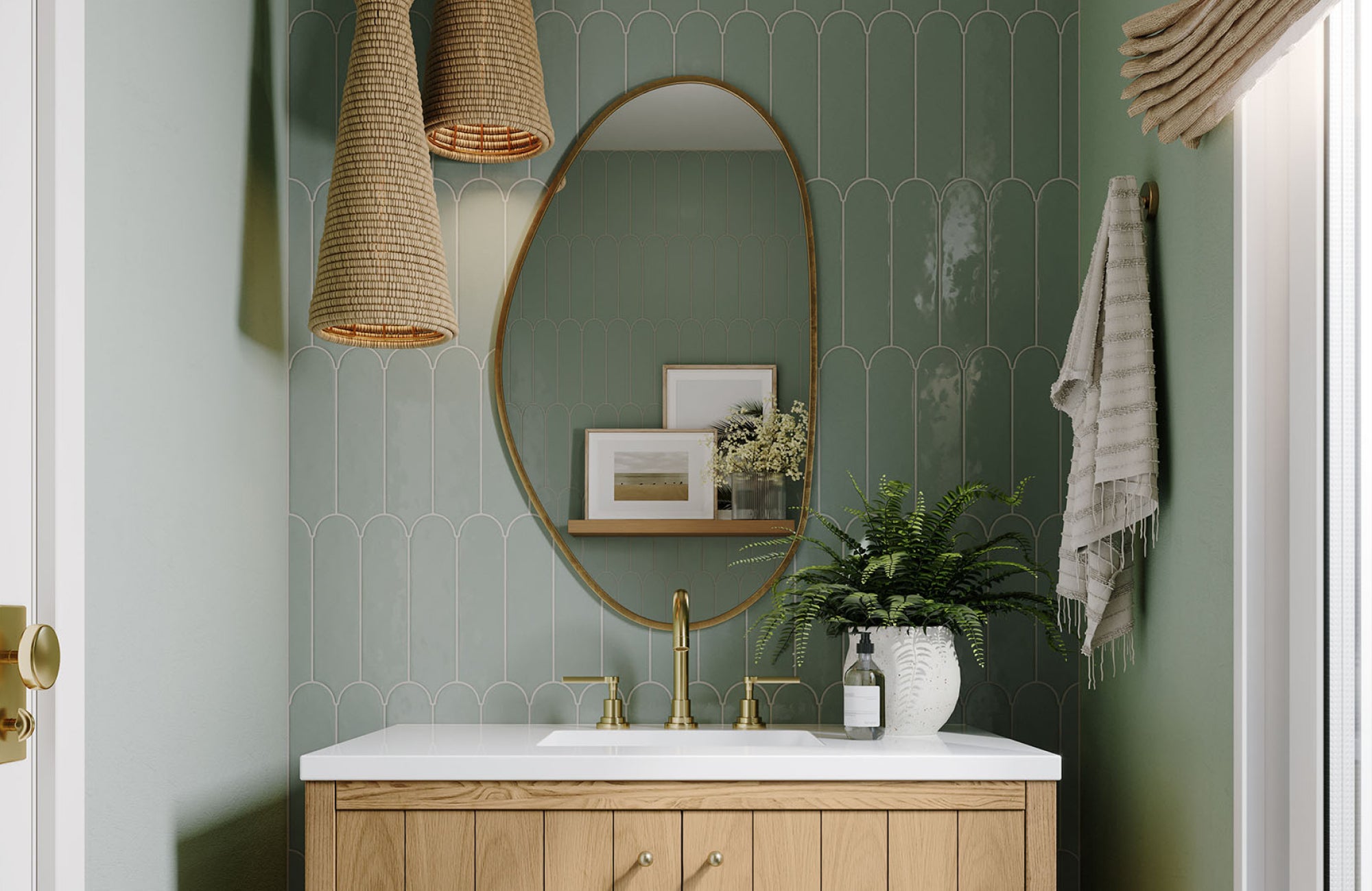 null Oval mirror sized to match the width of the vanity, creating visual balance in a small, modern bathroom space.