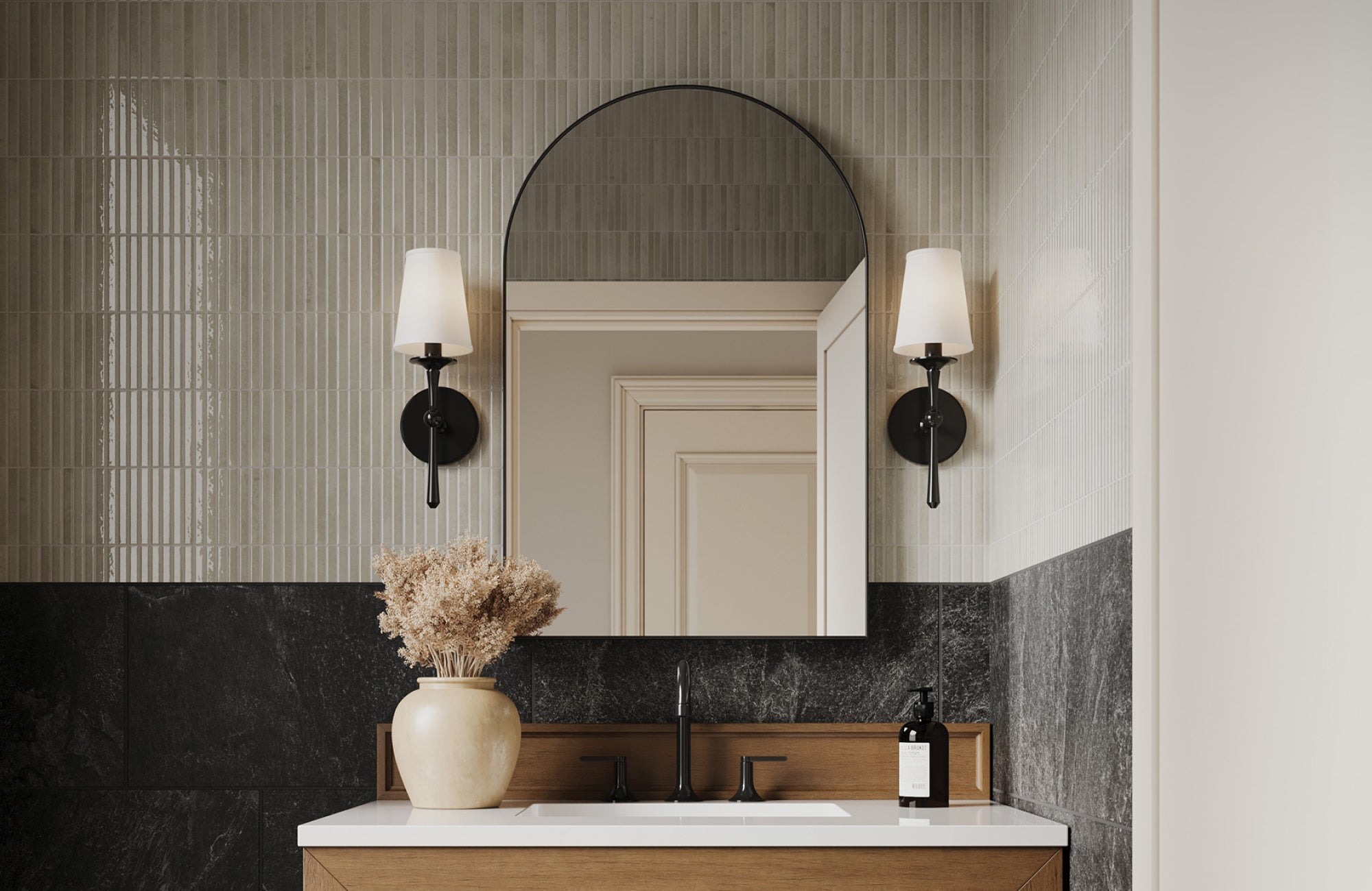 null Tall arched mirror installed above vanity, drawing the eye upward and making the bathroom appear more spacious.