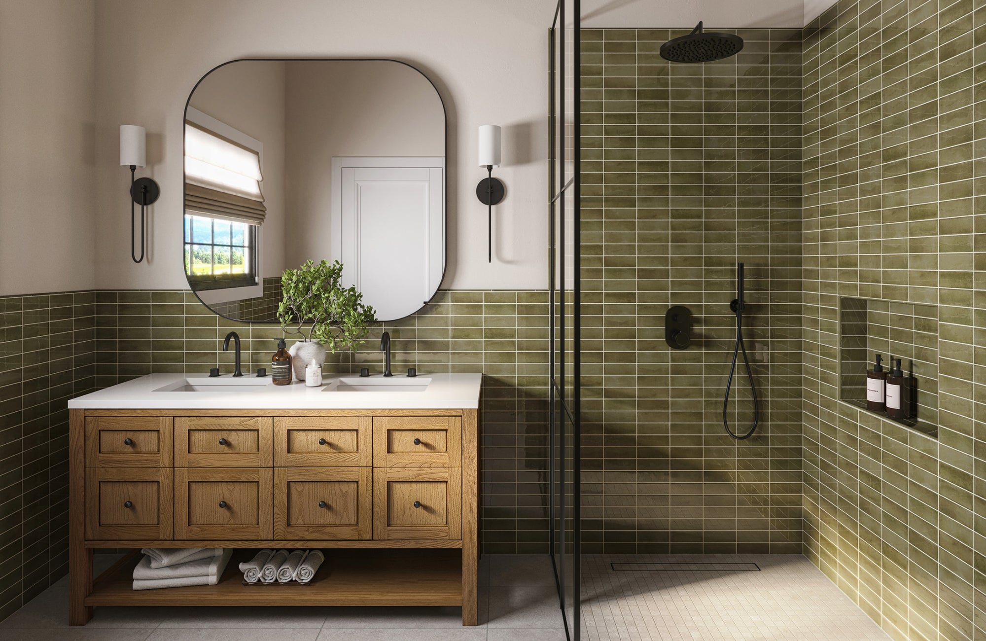 null Wide mirror spanning dual sinks, ideal for shared use while maintaining clean lines and symmetry across the vanity.