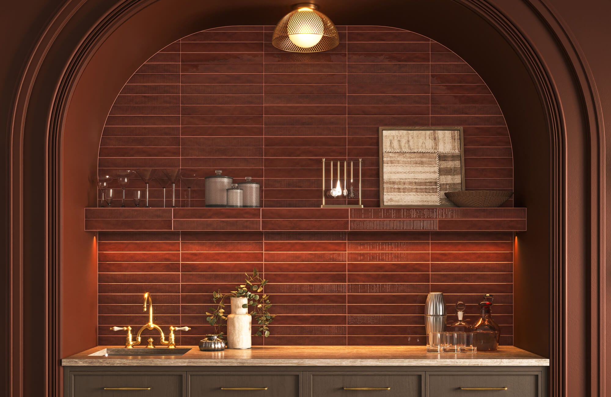 null Burnt orange subway tile backsplash in horizontal stacked layout within arched bar niche, paired with brass faucet, warm wood cabinetry, and marble countertop.