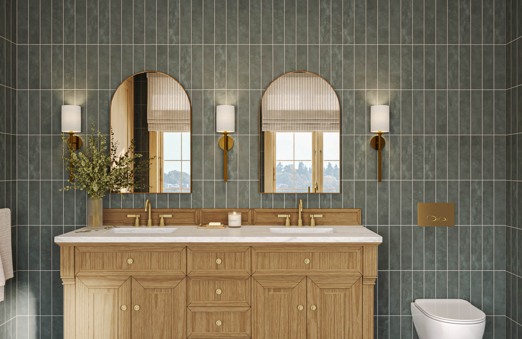 null Green subway tile bathroom wall in vertical stacked layout behind double wood vanity with brass fixtures and arched mirrors.