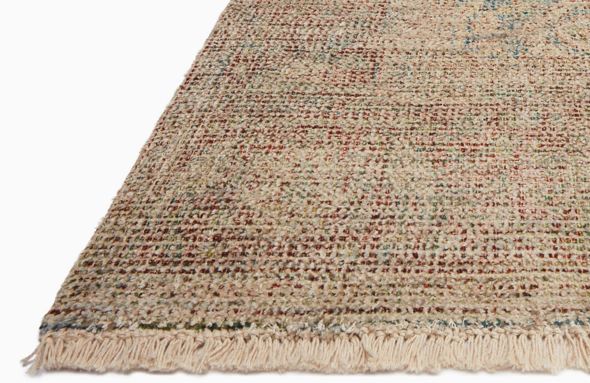 Woven area rug with a multicolor grid pattern on a beige base, finished with soft fringe detailing.