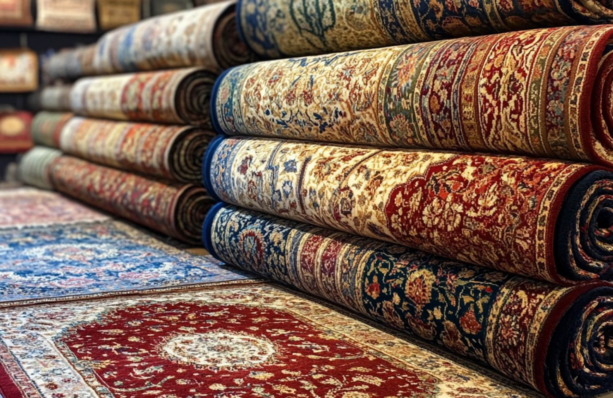 Stacked rolls of richly patterned oriental-style rugs in warm and cool color palettes, shown in a store setting.