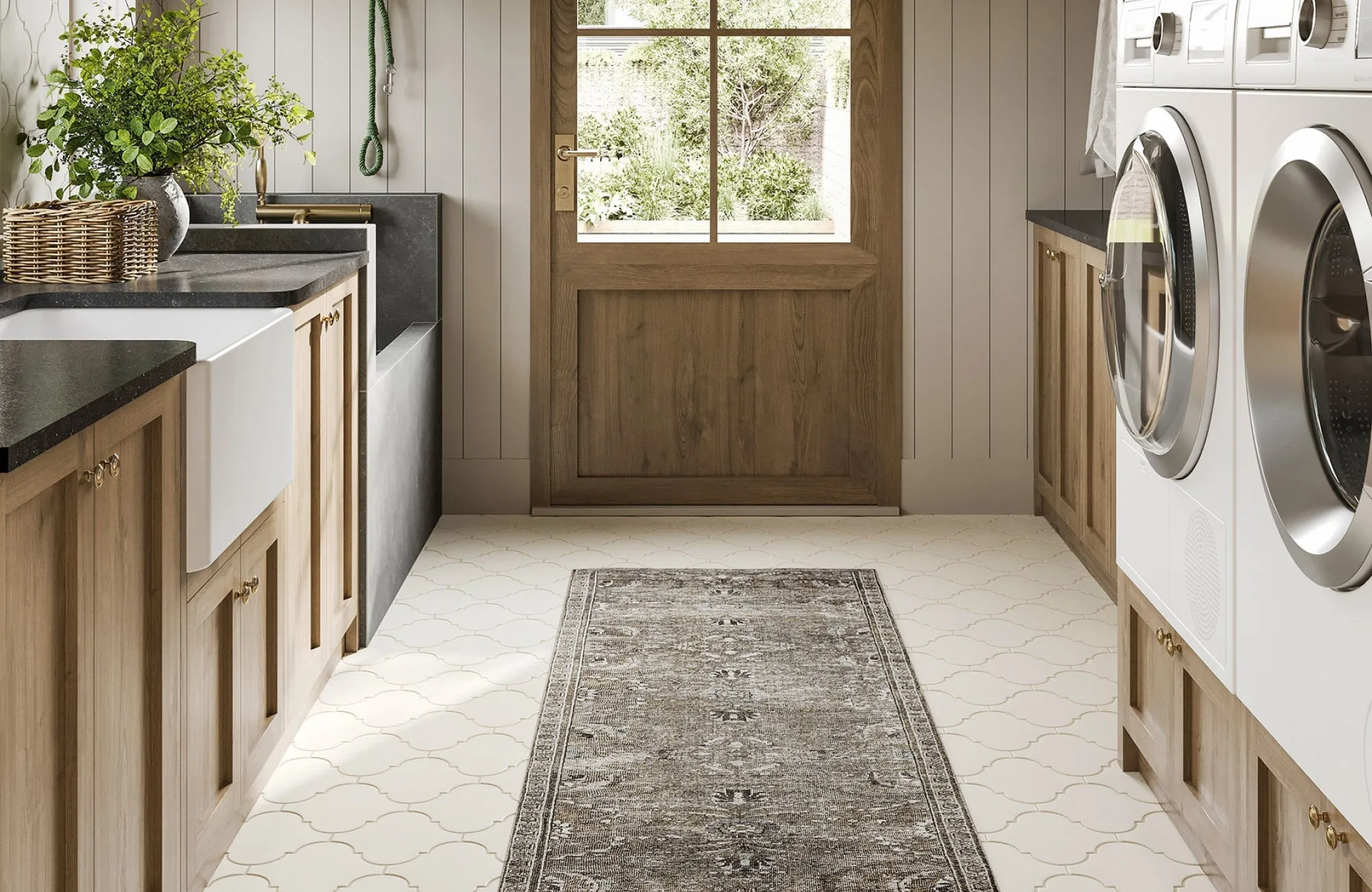 Narrow entryway with a runner rug sized to fit the space, leaving borders of tile flooring exposed on both sides.