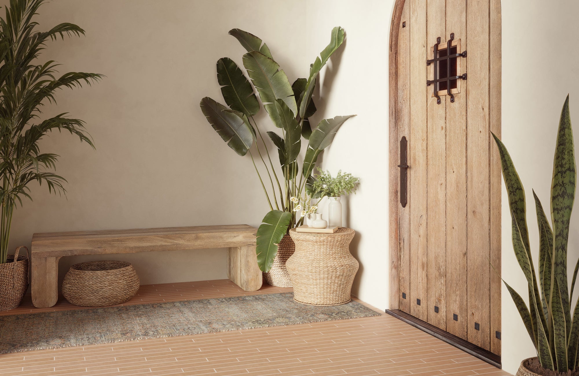 null Mid-sized rug in an entryway with a bench, sized to anchor the space while leaving balanced flooring around the edges.
