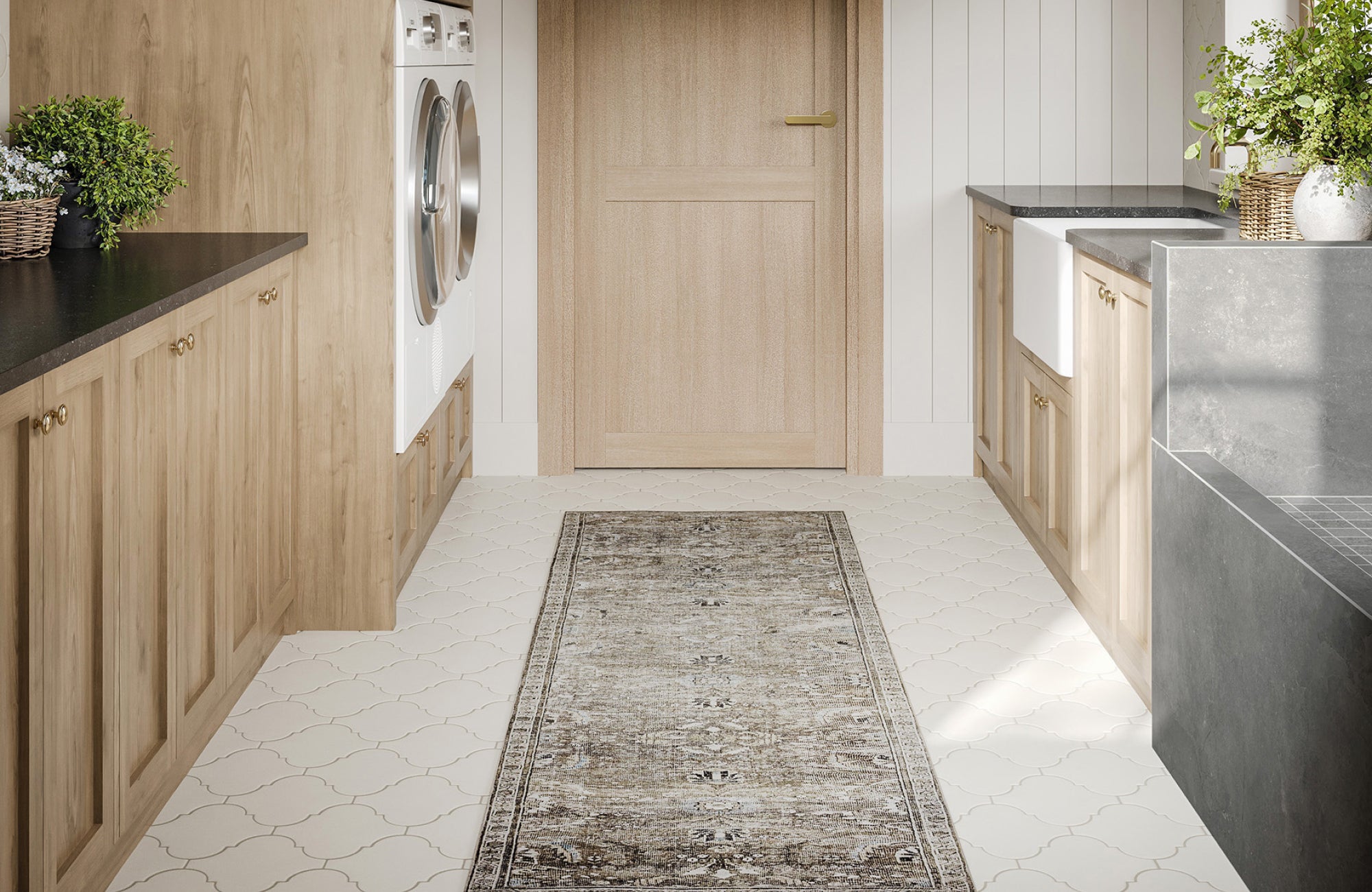 null Long runner rug positioned in a utility-style entryway, proportioned to define the pathway without crowding the walls.