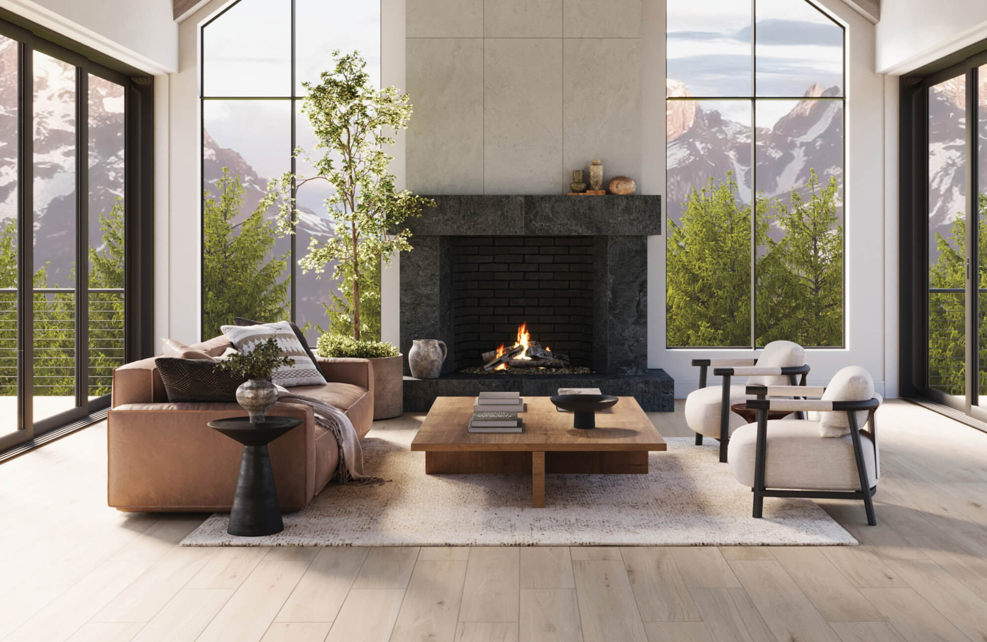null Airy mountain-view living room with a soft-toned polypropylene rug grounding modern furniture around a sleek black fireplace.
