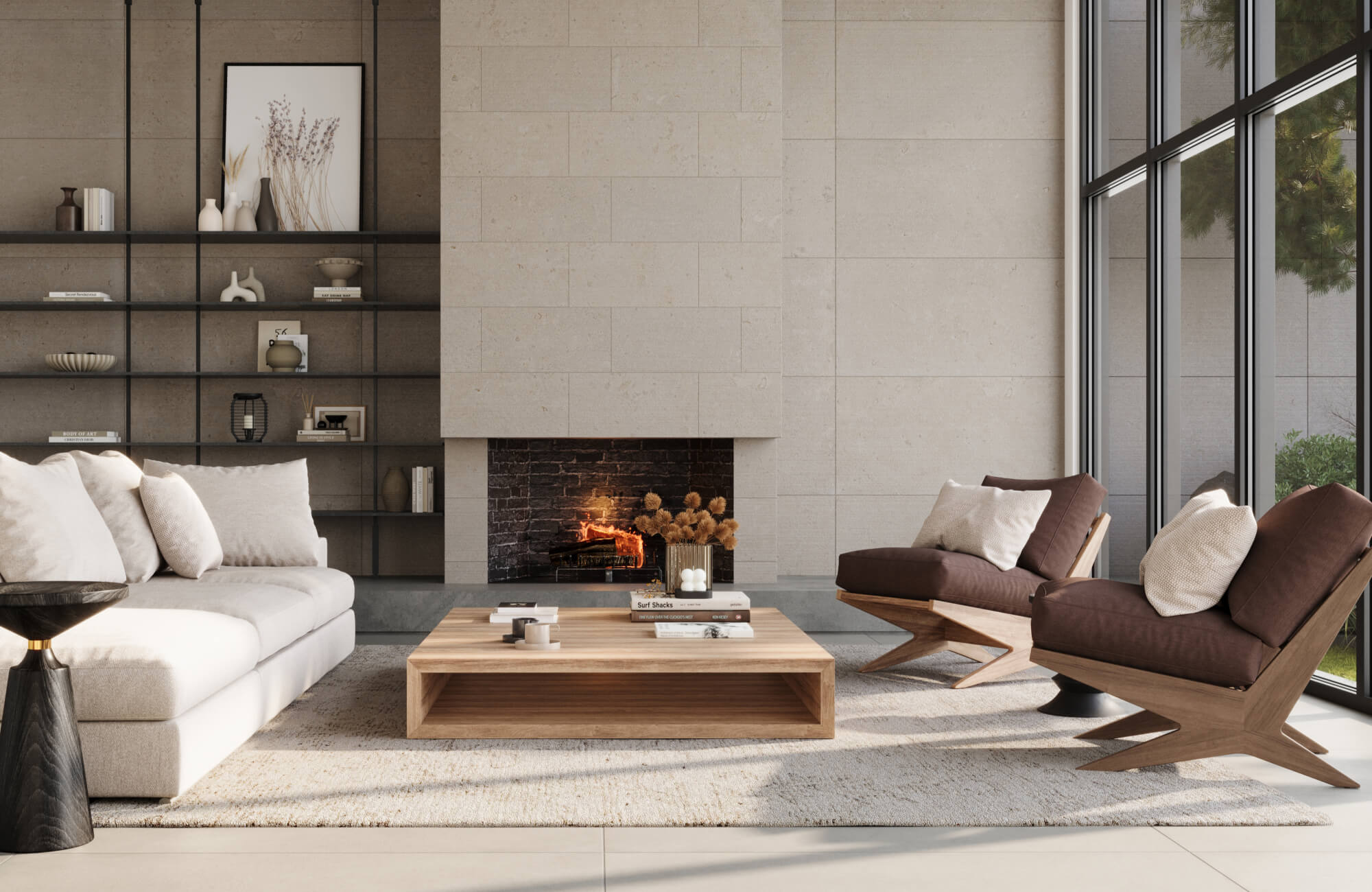 null Sophisticated living space with minimalist decor, a light polypropylene rug anchoring modern wood furniture, and a sleek fireplace.